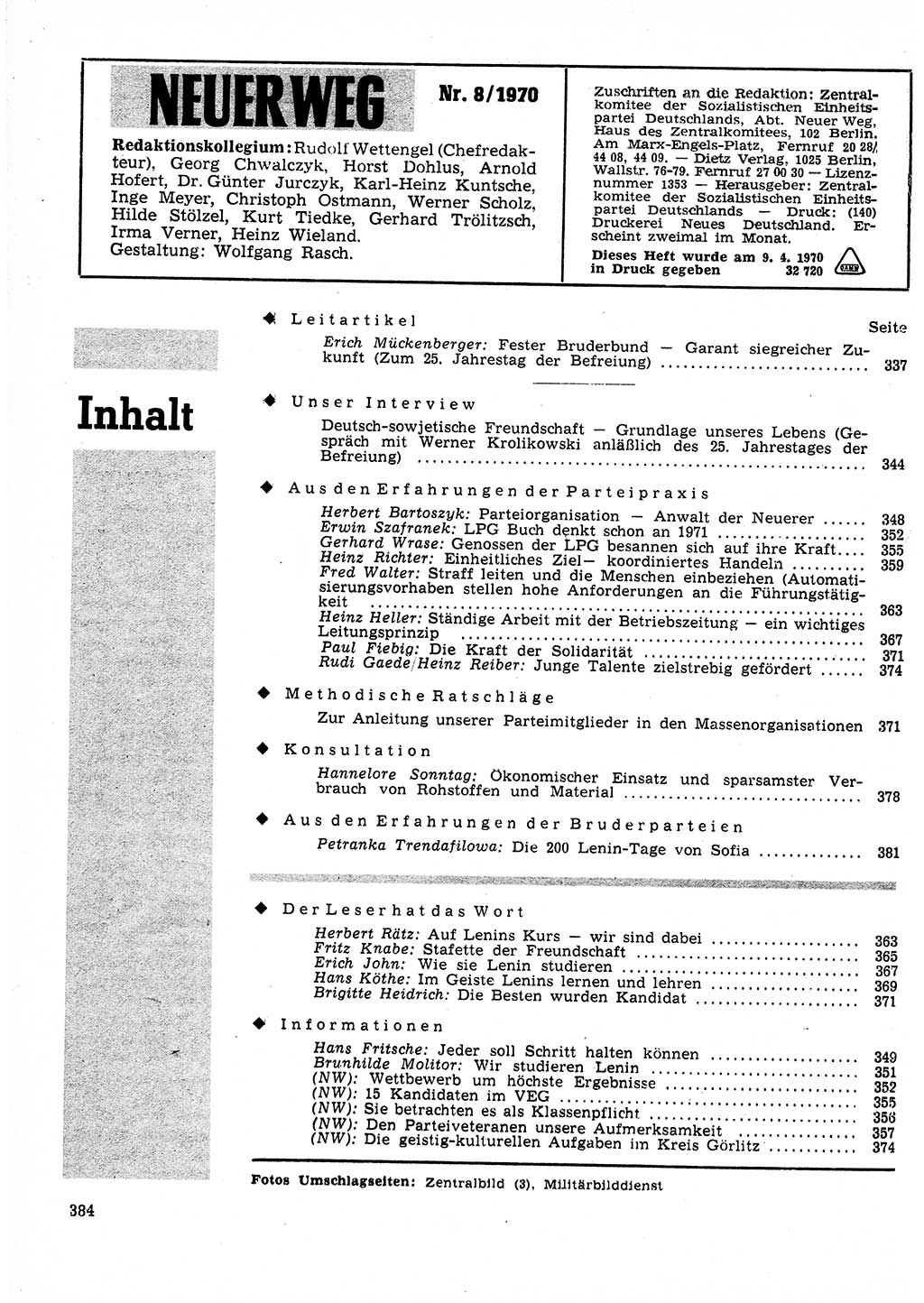 Neuer Weg (NW), Organ des Zentralkomitees (ZK) der SED (Sozialistische Einheitspartei Deutschlands) für Fragen des Parteilebens, 25. Jahrgang [Deutsche Demokratische Republik (DDR)] 1970, Seite 384 (NW ZK SED DDR 1970, S. 384)