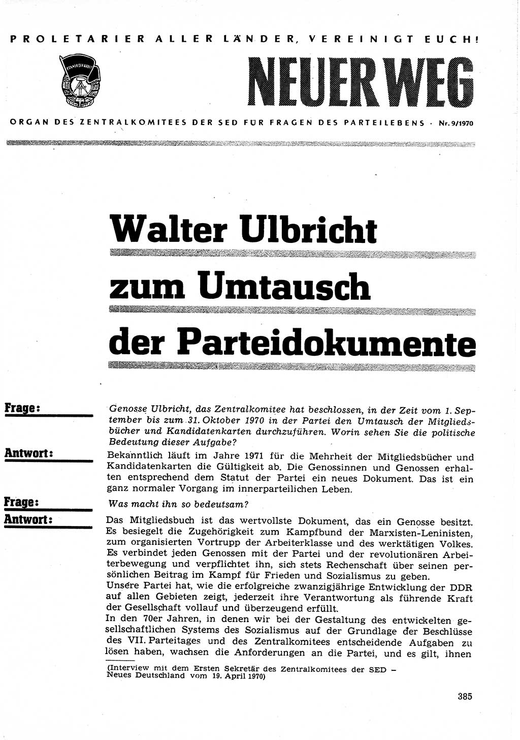 Neuer Weg (NW), Organ des Zentralkomitees (ZK) der SED (Sozialistische Einheitspartei Deutschlands) für Fragen des Parteilebens, 25. Jahrgang [Deutsche Demokratische Republik (DDR)] 1970, Seite 385 (NW ZK SED DDR 1970, S. 385)
