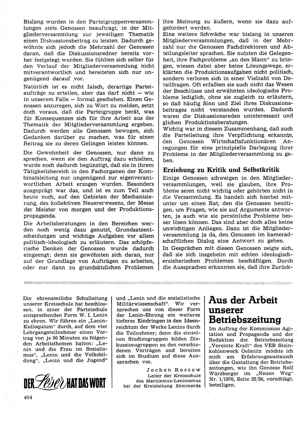 Neuer Weg (NW), Organ des Zentralkomitees (ZK) der SED (Sozialistische Einheitspartei Deutschlands) für Fragen des Parteilebens, 25. Jahrgang [Deutsche Demokratische Republik (DDR)] 1970, Seite 404 (NW ZK SED DDR 1970, S. 404)