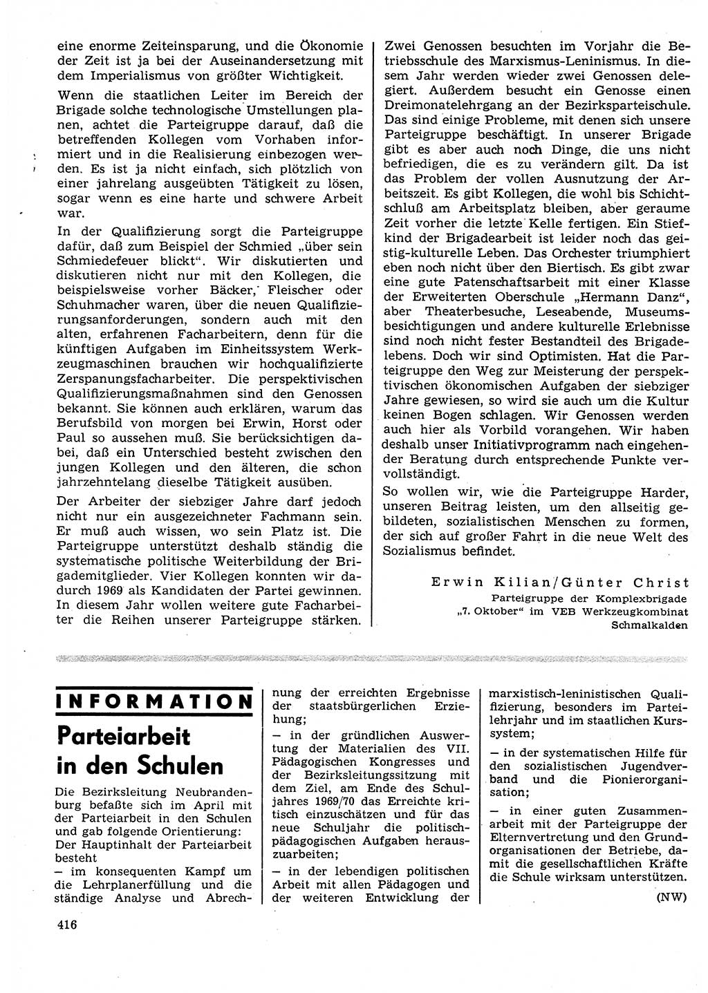 Neuer Weg (NW), Organ des Zentralkomitees (ZK) der SED (Sozialistische Einheitspartei Deutschlands) für Fragen des Parteilebens, 25. Jahrgang [Deutsche Demokratische Republik (DDR)] 1970, Seite 416 (NW ZK SED DDR 1970, S. 416)