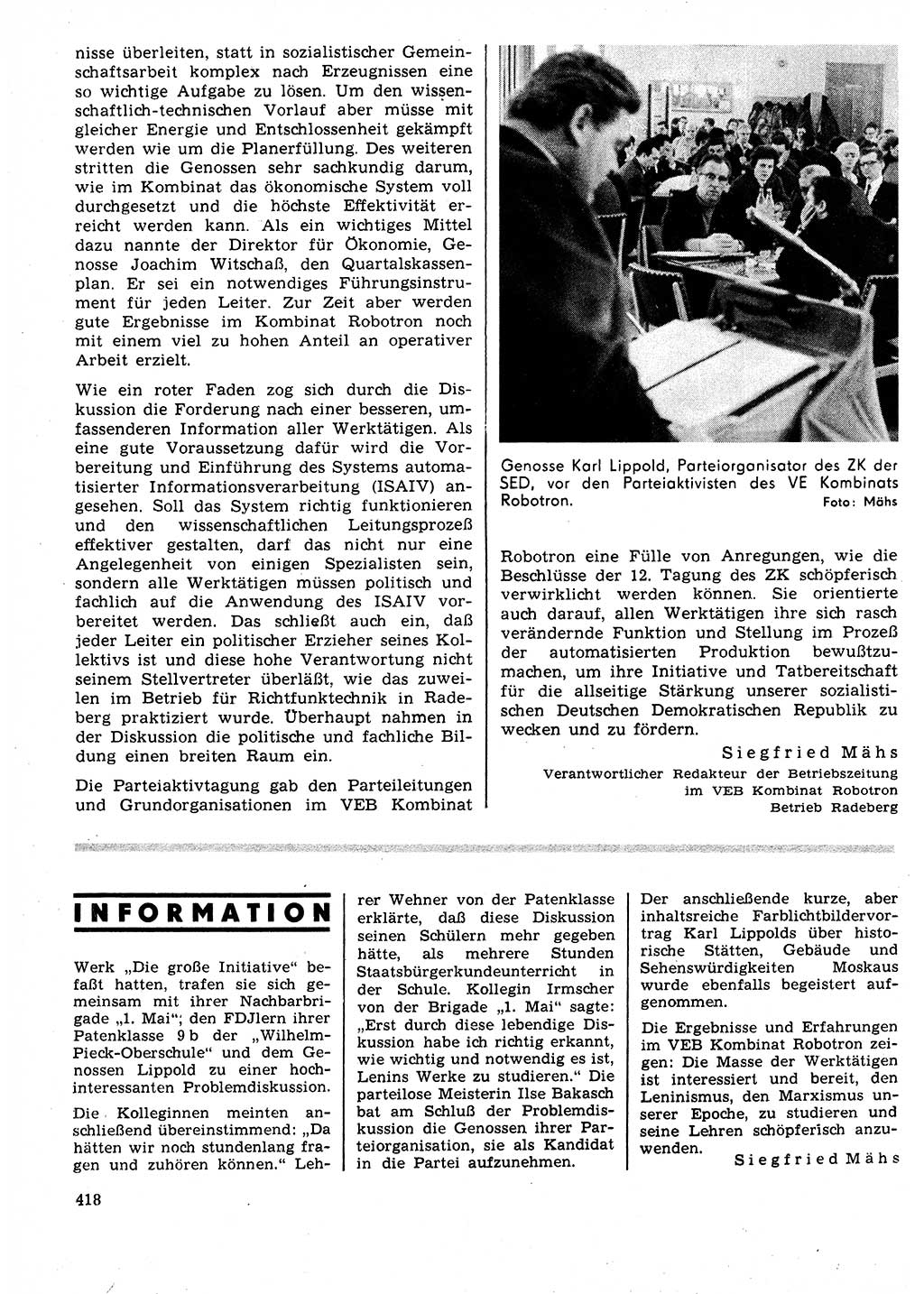 Neuer Weg (NW), Organ des Zentralkomitees (ZK) der SED (Sozialistische Einheitspartei Deutschlands) für Fragen des Parteilebens, 25. Jahrgang [Deutsche Demokratische Republik (DDR)] 1970, Seite 418 (NW ZK SED DDR 1970, S. 418)