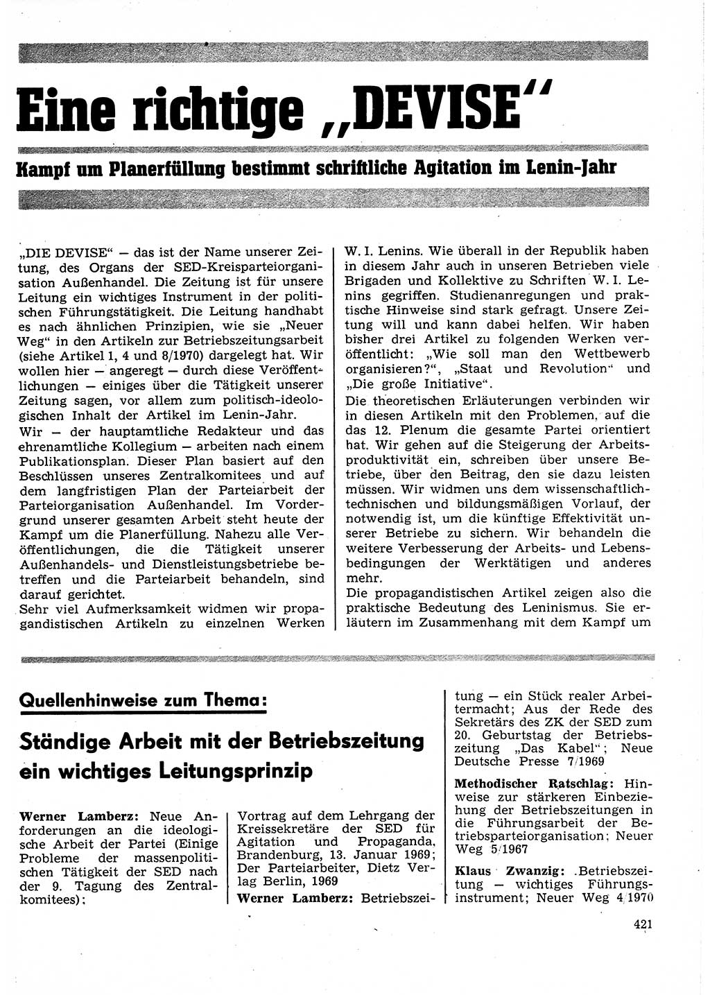 Neuer Weg (NW), Organ des Zentralkomitees (ZK) der SED (Sozialistische Einheitspartei Deutschlands) für Fragen des Parteilebens, 25. Jahrgang [Deutsche Demokratische Republik (DDR)] 1970, Seite 421 (NW ZK SED DDR 1970, S. 421)