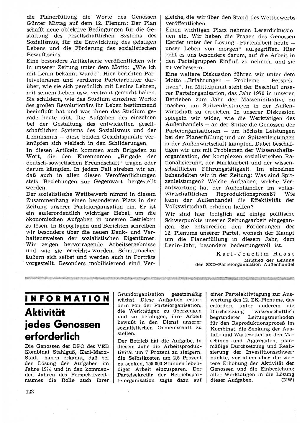 Neuer Weg (NW), Organ des Zentralkomitees (ZK) der SED (Sozialistische Einheitspartei Deutschlands) für Fragen des Parteilebens, 25. Jahrgang [Deutsche Demokratische Republik (DDR)] 1970, Seite 422 (NW ZK SED DDR 1970, S. 422)