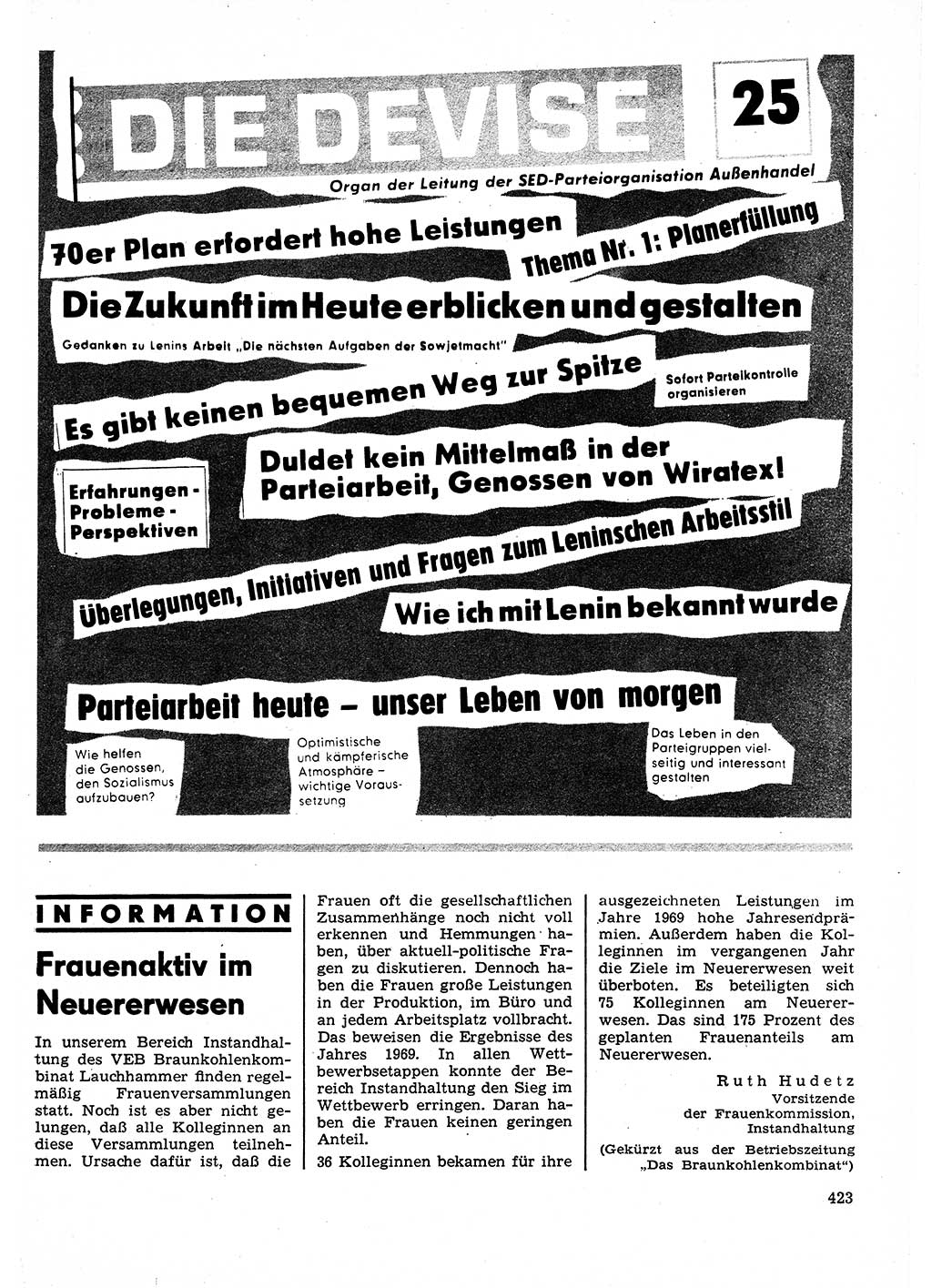 Neuer Weg (NW), Organ des Zentralkomitees (ZK) der SED (Sozialistische Einheitspartei Deutschlands) für Fragen des Parteilebens, 25. Jahrgang [Deutsche Demokratische Republik (DDR)] 1970, Seite 423 (NW ZK SED DDR 1970, S. 423)