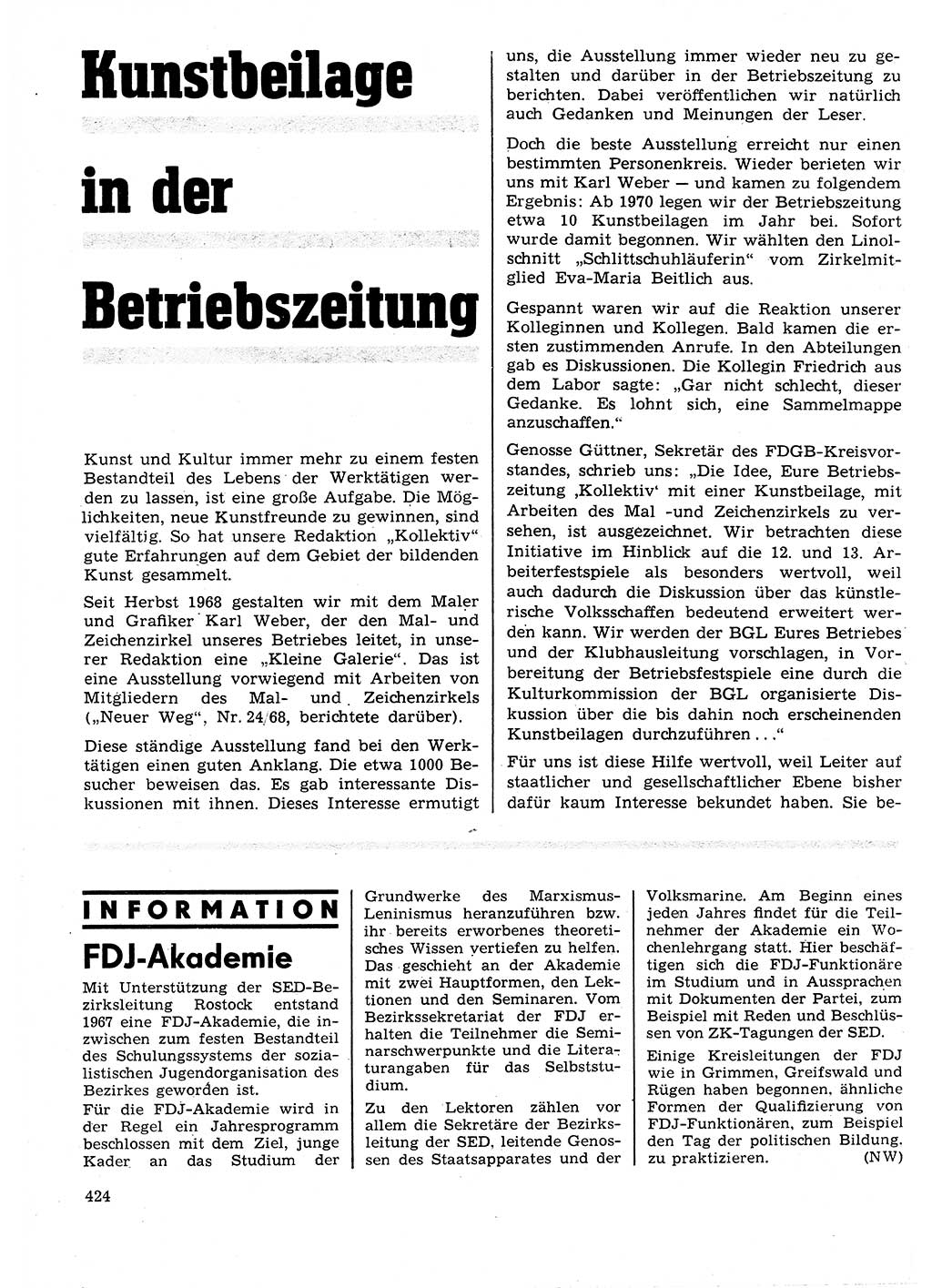 Neuer Weg (NW), Organ des Zentralkomitees (ZK) der SED (Sozialistische Einheitspartei Deutschlands) für Fragen des Parteilebens, 25. Jahrgang [Deutsche Demokratische Republik (DDR)] 1970, Seite 424 (NW ZK SED DDR 1970, S. 424)