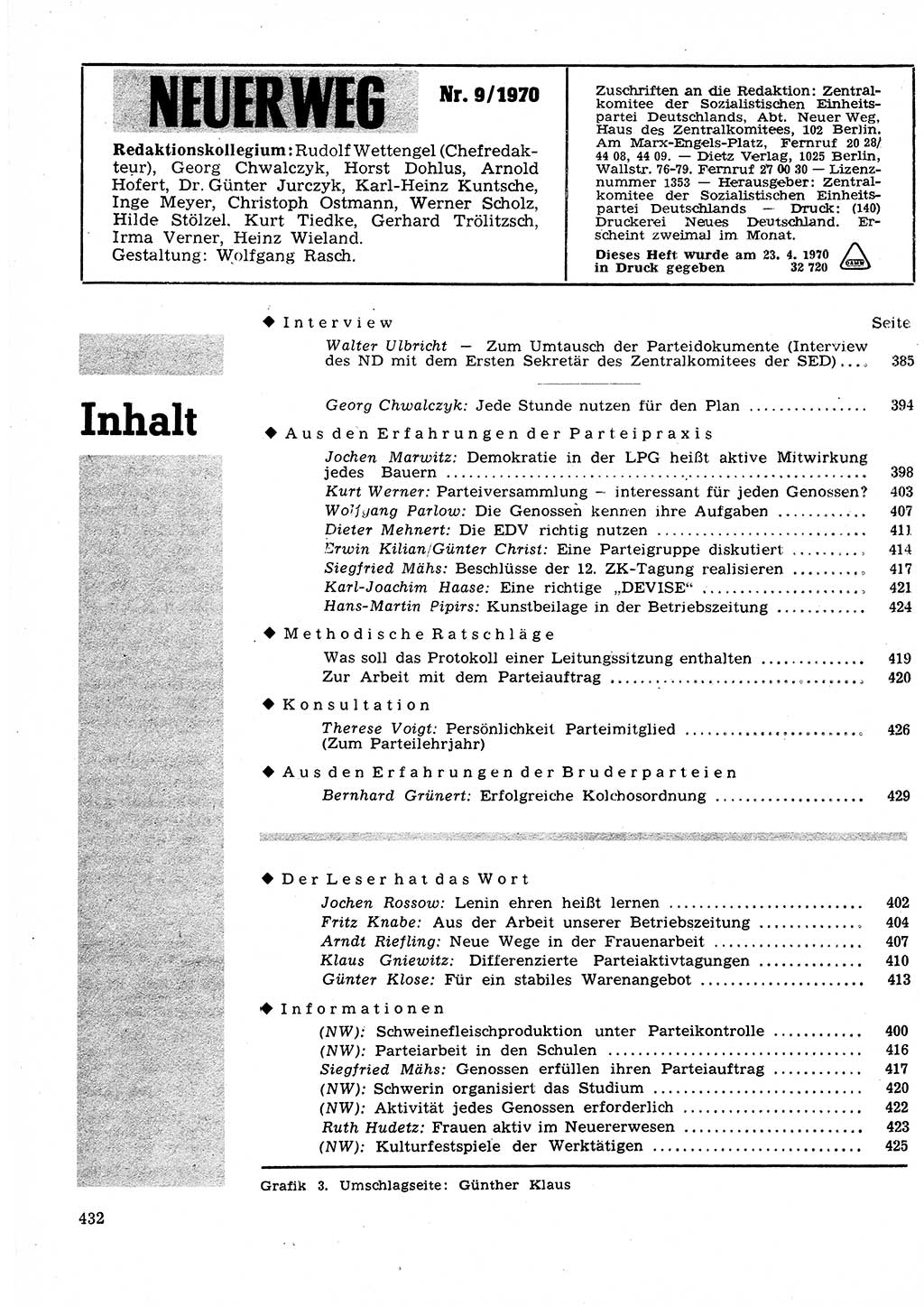 Neuer Weg (NW), Organ des Zentralkomitees (ZK) der SED (Sozialistische Einheitspartei Deutschlands) für Fragen des Parteilebens, 25. Jahrgang [Deutsche Demokratische Republik (DDR)] 1970, Seite 432 (NW ZK SED DDR 1970, S. 432)