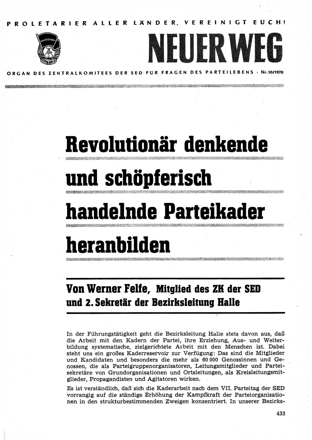 Neuer Weg (NW), Organ des Zentralkomitees (ZK) der SED (Sozialistische Einheitspartei Deutschlands) für Fragen des Parteilebens, 25. Jahrgang [Deutsche Demokratische Republik (DDR)] 1970, Seite 433 (NW ZK SED DDR 1970, S. 433)