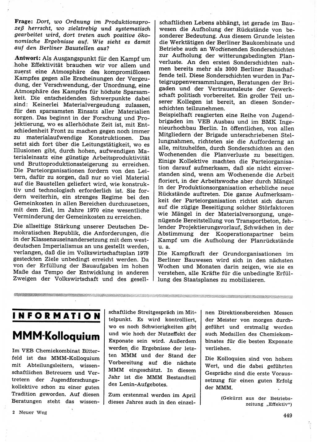 Neuer Weg (NW), Organ des Zentralkomitees (ZK) der SED (Sozialistische Einheitspartei Deutschlands) für Fragen des Parteilebens, 25. Jahrgang [Deutsche Demokratische Republik (DDR)] 1970, Seite 449 (NW ZK SED DDR 1970, S. 449)