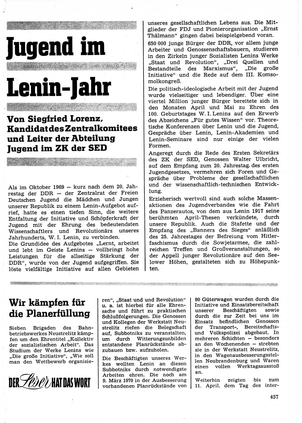 Neuer Weg (NW), Organ des Zentralkomitees (ZK) der SED (Sozialistische Einheitspartei Deutschlands) für Fragen des Parteilebens, 25. Jahrgang [Deutsche Demokratische Republik (DDR)] 1970, Seite 457 (NW ZK SED DDR 1970, S. 457)