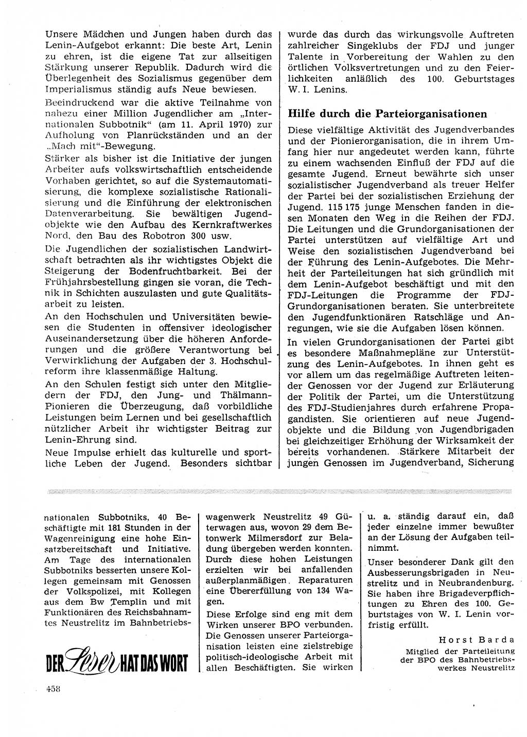 Neuer Weg (NW), Organ des Zentralkomitees (ZK) der SED (Sozialistische Einheitspartei Deutschlands) für Fragen des Parteilebens, 25. Jahrgang [Deutsche Demokratische Republik (DDR)] 1970, Seite 458 (NW ZK SED DDR 1970, S. 458)