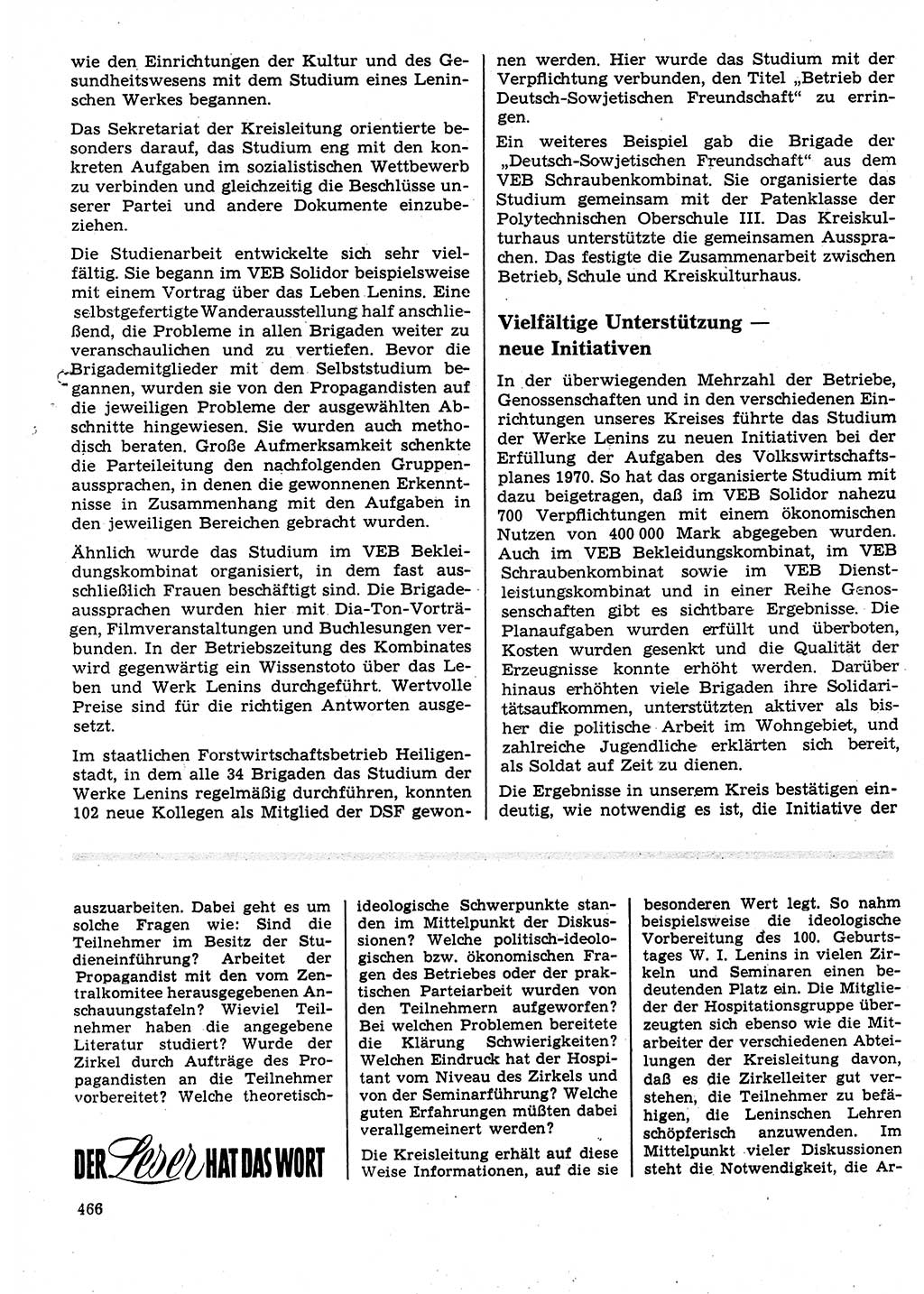 Neuer Weg (NW), Organ des Zentralkomitees (ZK) der SED (Sozialistische Einheitspartei Deutschlands) für Fragen des Parteilebens, 25. Jahrgang [Deutsche Demokratische Republik (DDR)] 1970, Seite 466 (NW ZK SED DDR 1970, S. 466)