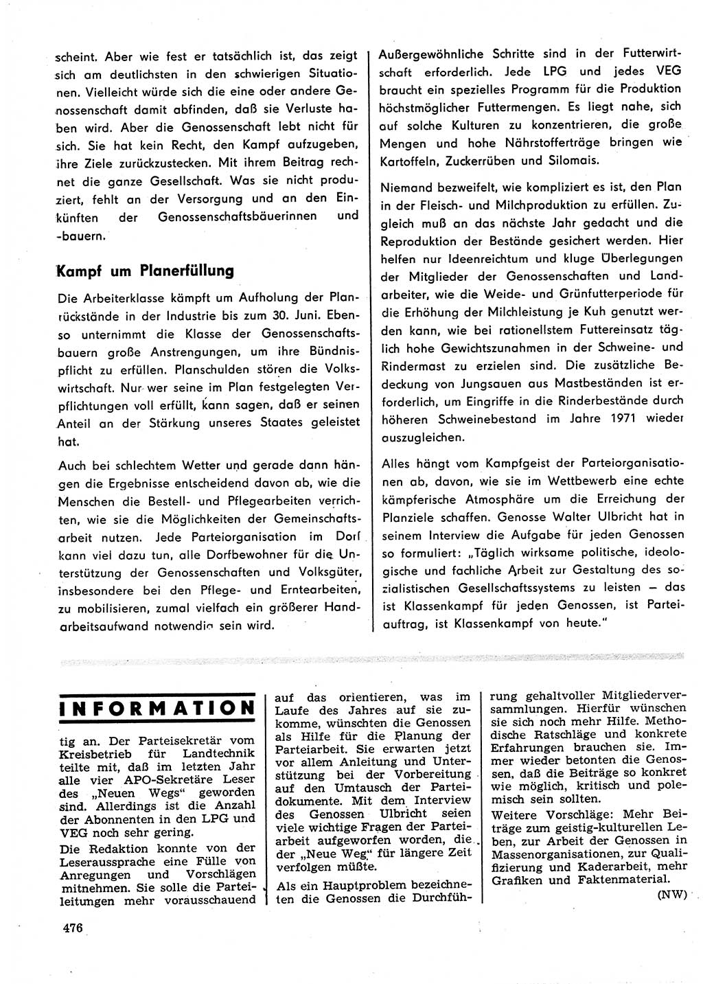 Neuer Weg (NW), Organ des Zentralkomitees (ZK) der SED (Sozialistische Einheitspartei Deutschlands) für Fragen des Parteilebens, 25. Jahrgang [Deutsche Demokratische Republik (DDR)] 1970, Seite 476 (NW ZK SED DDR 1970, S. 476)