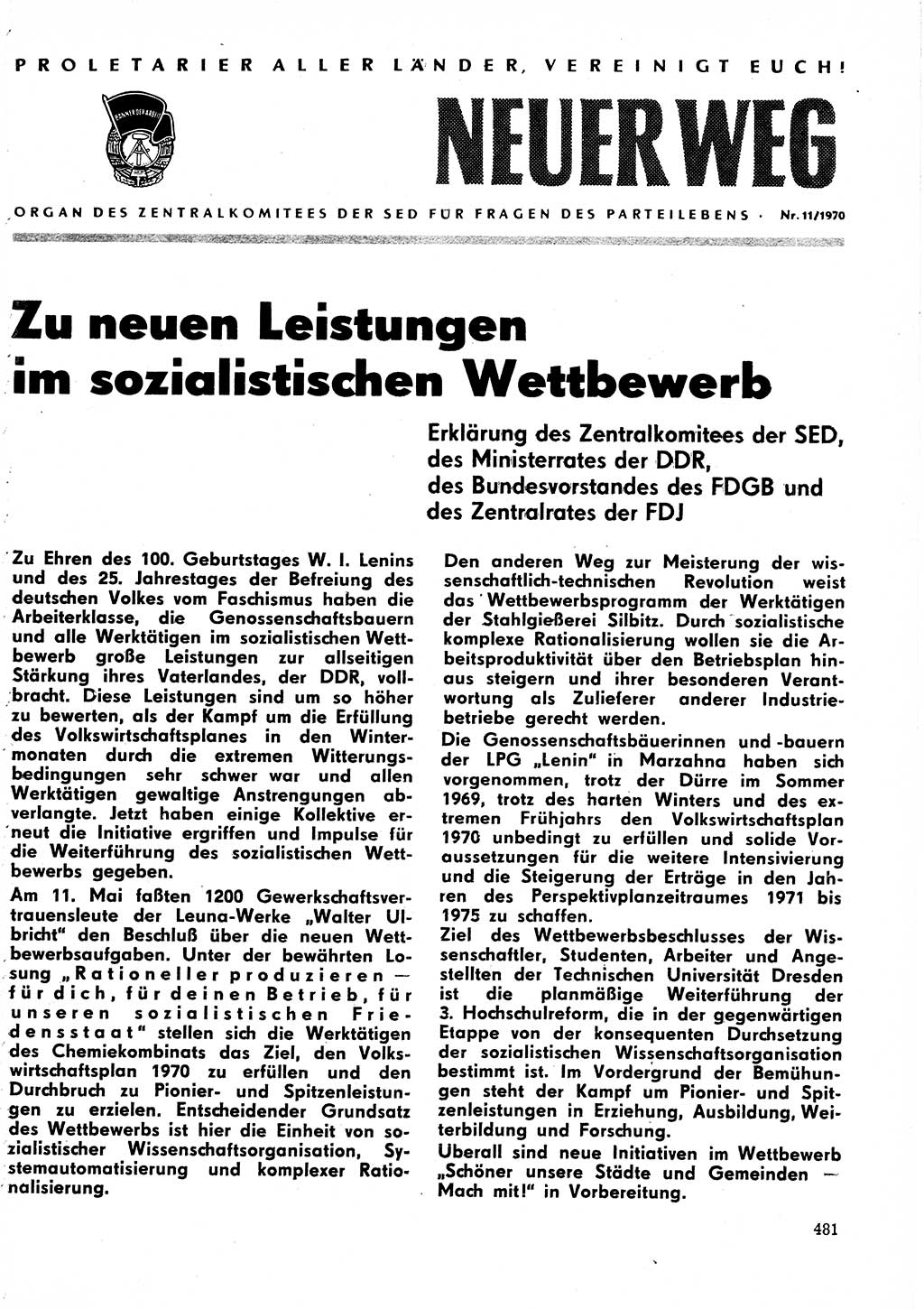 Neuer Weg (NW), Organ des Zentralkomitees (ZK) der SED (Sozialistische Einheitspartei Deutschlands) für Fragen des Parteilebens, 25. Jahrgang [Deutsche Demokratische Republik (DDR)] 1970, Seite 481 (NW ZK SED DDR 1970, S. 481)