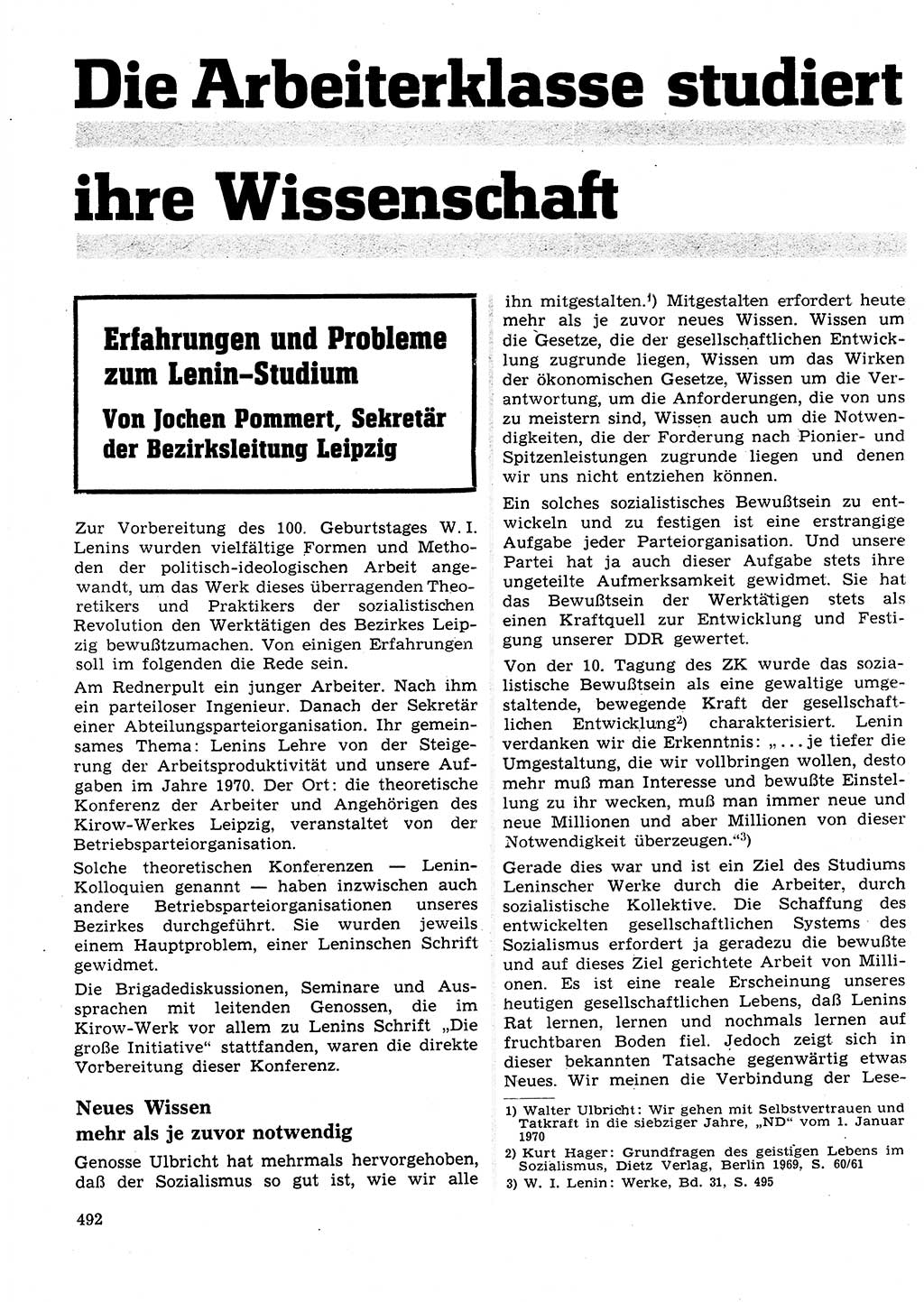 Neuer Weg (NW), Organ des Zentralkomitees (ZK) der SED (Sozialistische Einheitspartei Deutschlands) für Fragen des Parteilebens, 25. Jahrgang [Deutsche Demokratische Republik (DDR)] 1970, Seite 492 (NW ZK SED DDR 1970, S. 492)