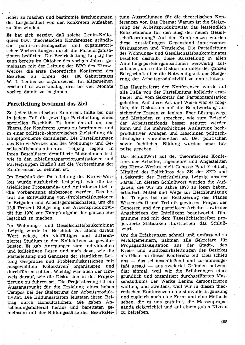 Neuer Weg (NW), Organ des Zentralkomitees (ZK) der SED (Sozialistische Einheitspartei Deutschlands) für Fragen des Parteilebens, 25. Jahrgang [Deutsche Demokratische Republik (DDR)] 1970, Seite 495 (NW ZK SED DDR 1970, S. 495)