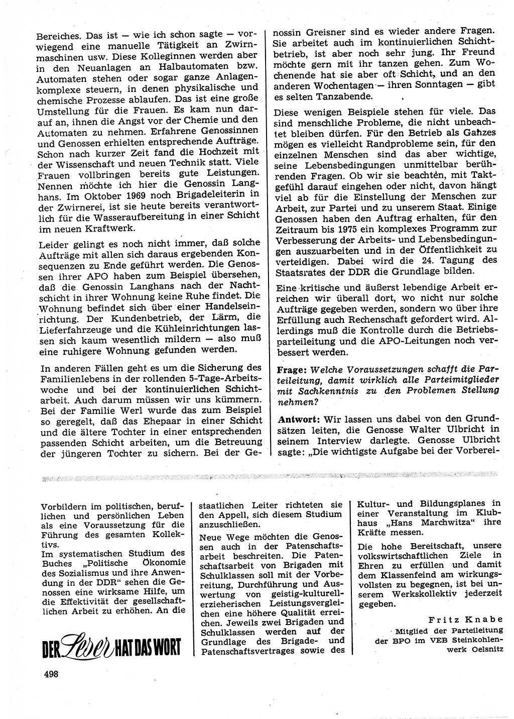 Neuer Weg (NW), Organ des Zentralkomitees (ZK) der SED (Sozialistische Einheitspartei Deutschlands) für Fragen des Parteilebens, 25. Jahrgang [Deutsche Demokratische Republik (DDR)] 1970, Seite 498 (NW ZK SED DDR 1970, S. 498)