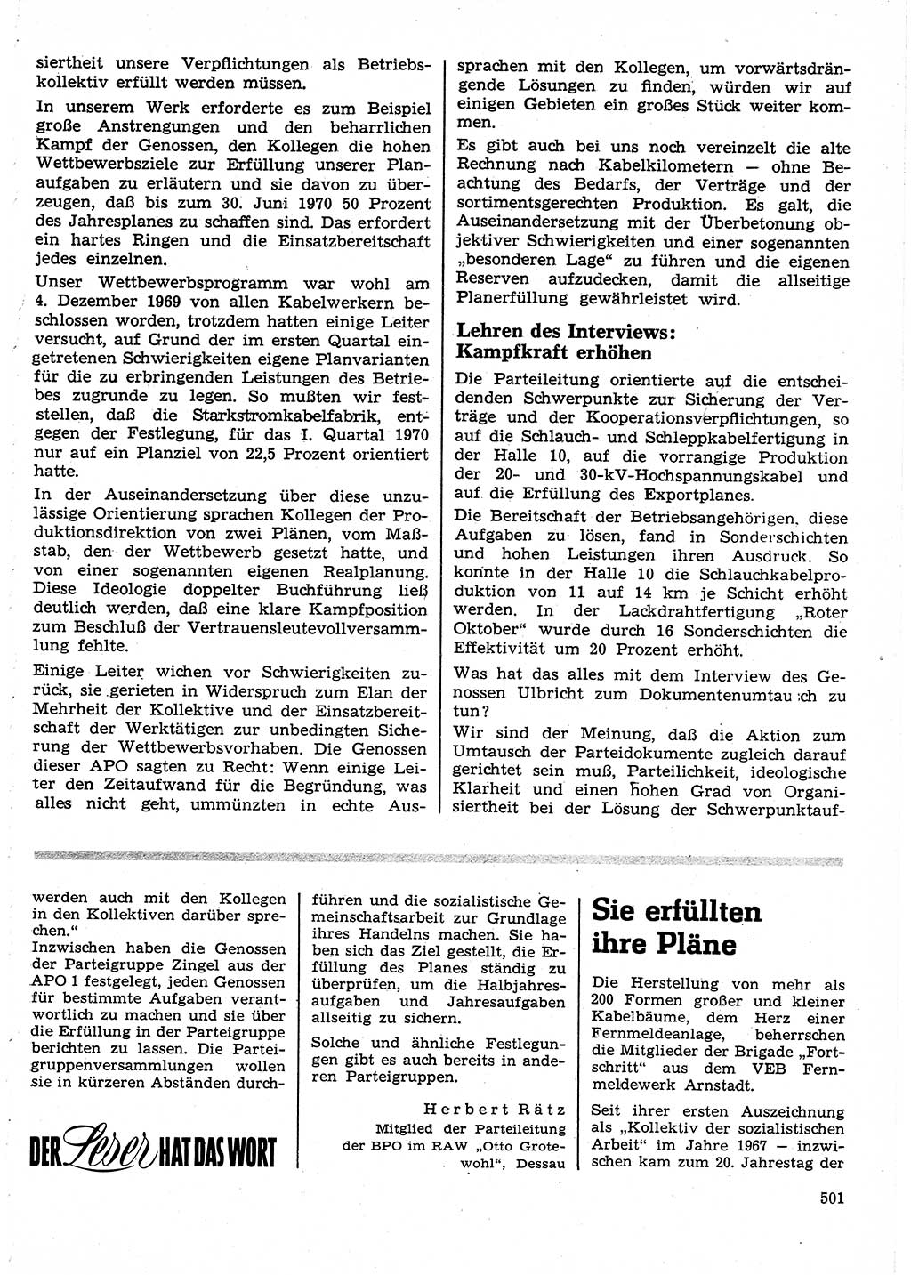 Neuer Weg (NW), Organ des Zentralkomitees (ZK) der SED (Sozialistische Einheitspartei Deutschlands) für Fragen des Parteilebens, 25. Jahrgang [Deutsche Demokratische Republik (DDR)] 1970, Seite 501 (NW ZK SED DDR 1970, S. 501)