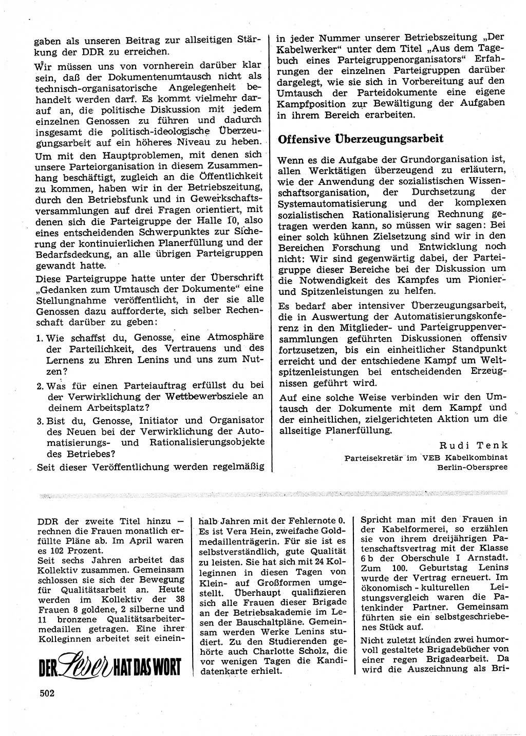 Neuer Weg (NW), Organ des Zentralkomitees (ZK) der SED (Sozialistische Einheitspartei Deutschlands) für Fragen des Parteilebens, 25. Jahrgang [Deutsche Demokratische Republik (DDR)] 1970, Seite 502 (NW ZK SED DDR 1970, S. 502)