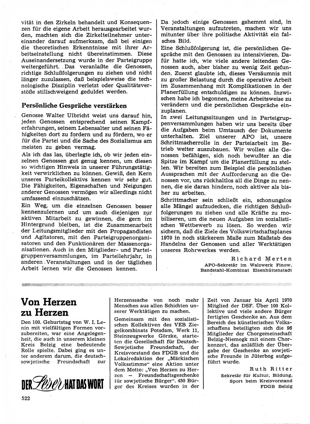 Neuer Weg (NW), Organ des Zentralkomitees (ZK) der SED (Sozialistische Einheitspartei Deutschlands) für Fragen des Parteilebens, 25. Jahrgang [Deutsche Demokratische Republik (DDR)] 1970, Seite 522 (NW ZK SED DDR 1970, S. 522)