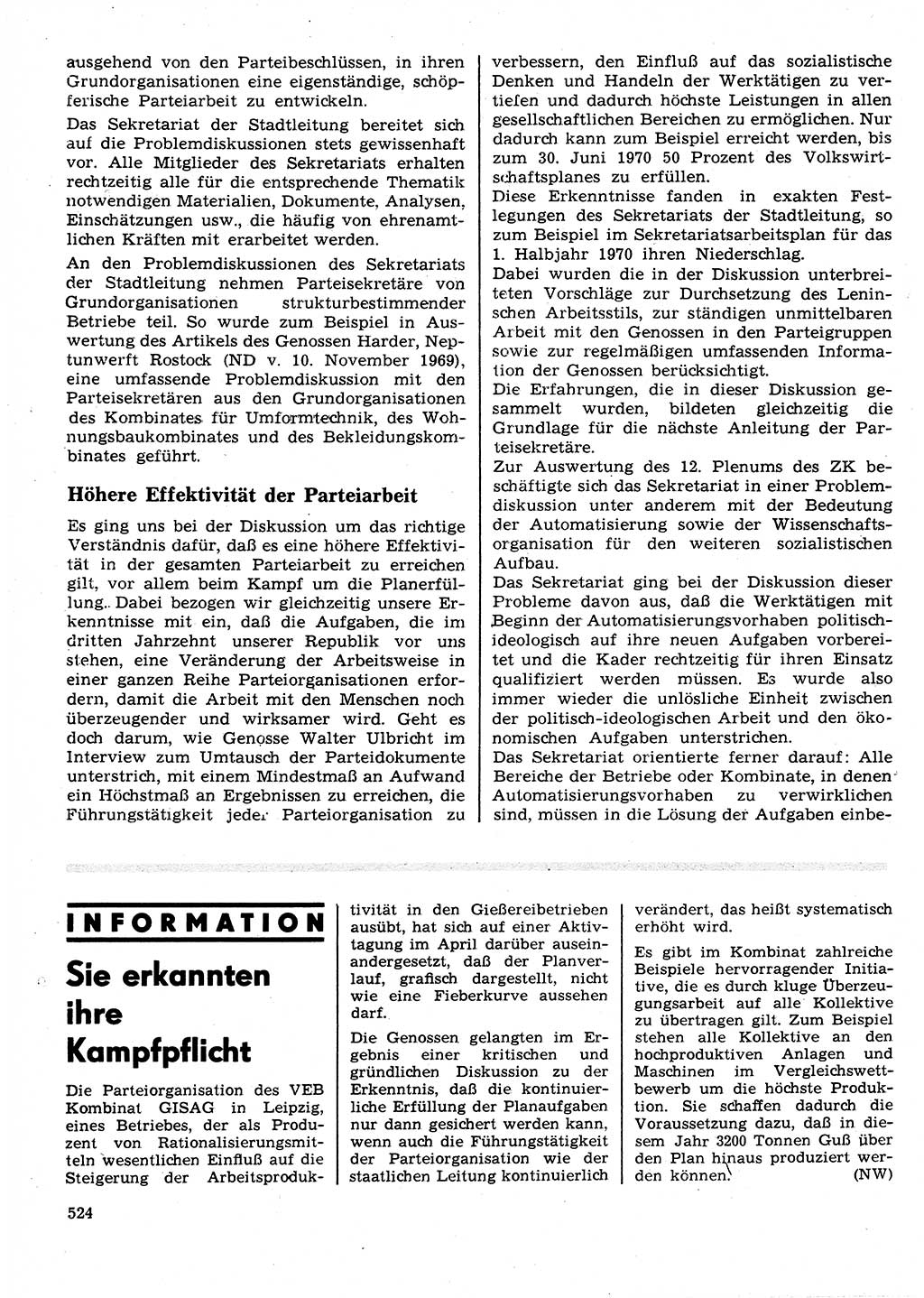 Neuer Weg (NW), Organ des Zentralkomitees (ZK) der SED (Sozialistische Einheitspartei Deutschlands) für Fragen des Parteilebens, 25. Jahrgang [Deutsche Demokratische Republik (DDR)] 1970, Seite 524 (NW ZK SED DDR 1970, S. 524)