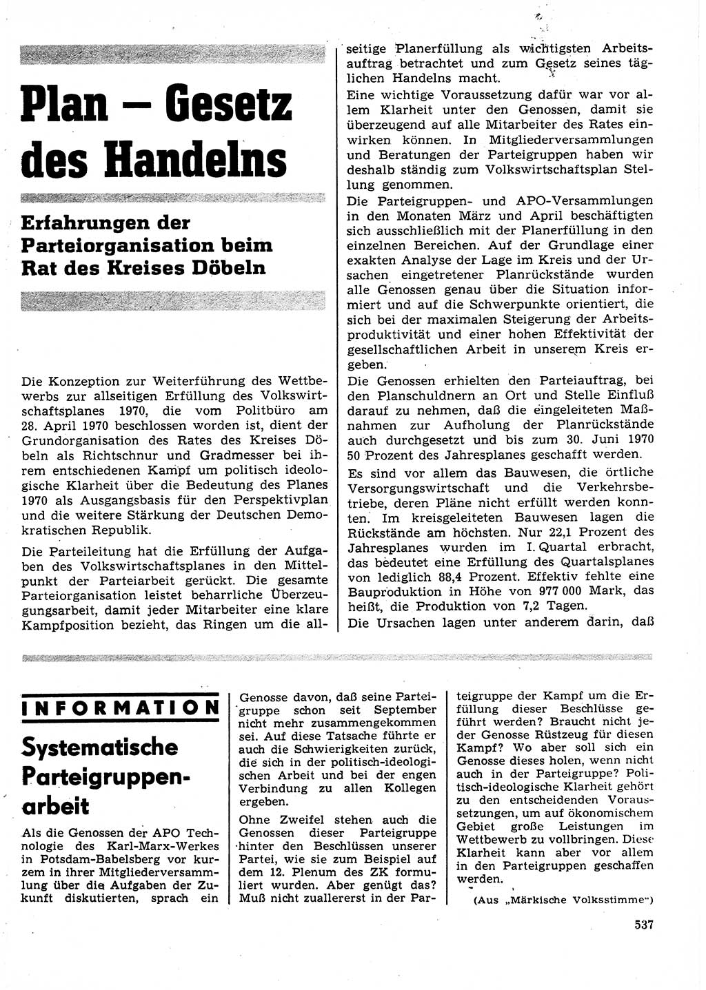 Neuer Weg (NW), Organ des Zentralkomitees (ZK) der SED (Sozialistische Einheitspartei Deutschlands) für Fragen des Parteilebens, 25. Jahrgang [Deutsche Demokratische Republik (DDR)] 1970, Seite 537 (NW ZK SED DDR 1970, S. 537)