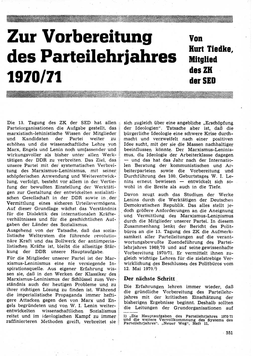 Neuer Weg (NW), Organ des Zentralkomitees (ZK) der SED (Sozialistische Einheitspartei Deutschlands) für Fragen des Parteilebens, 25. Jahrgang [Deutsche Demokratische Republik (DDR)] 1970, Seite 551 (NW ZK SED DDR 1970, S. 551)