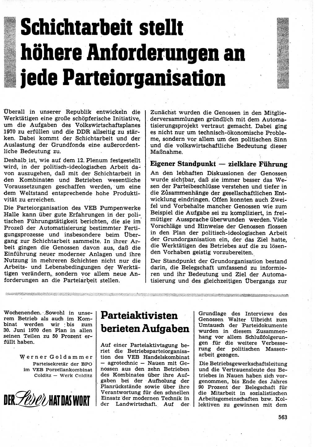 Neuer Weg (NW), Organ des Zentralkomitees (ZK) der SED (Sozialistische Einheitspartei Deutschlands) für Fragen des Parteilebens, 25. Jahrgang [Deutsche Demokratische Republik (DDR)] 1970, Seite 563 (NW ZK SED DDR 1970, S. 563)