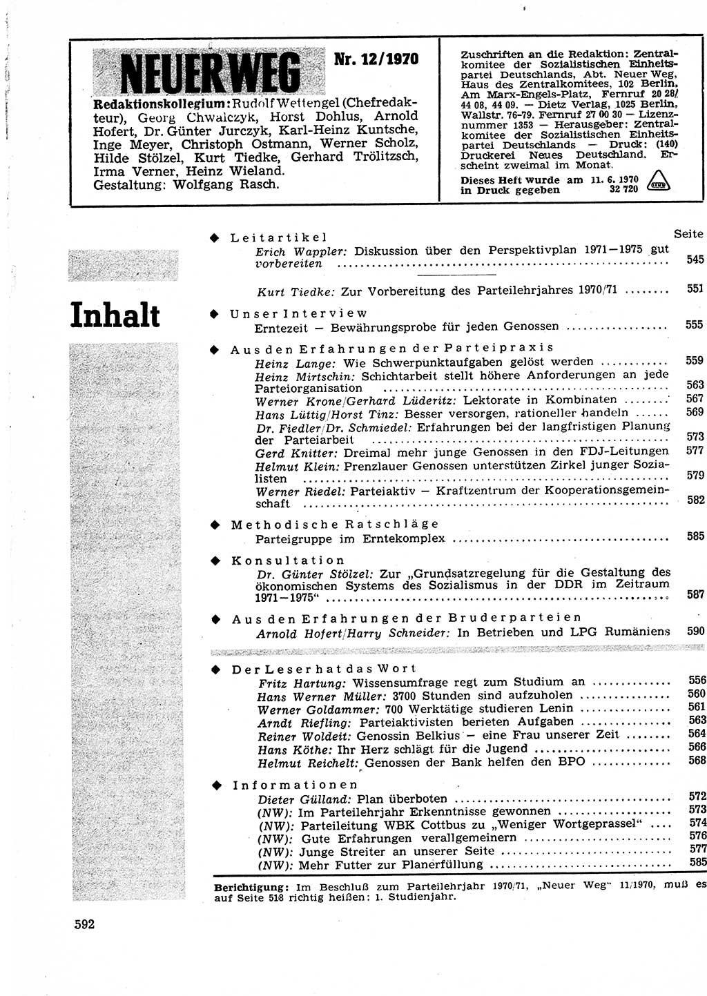 Neuer Weg (NW), Organ des Zentralkomitees (ZK) der SED (Sozialistische Einheitspartei Deutschlands) für Fragen des Parteilebens, 25. Jahrgang [Deutsche Demokratische Republik (DDR)] 1970, Seite 592 (NW ZK SED DDR 1970, S. 592)