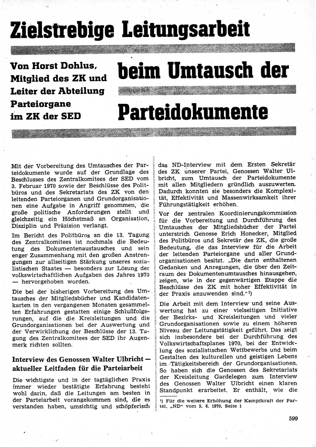 Neuer Weg (NW), Organ des Zentralkomitees (ZK) der SED (Sozialistische Einheitspartei Deutschlands) für Fragen des Parteilebens, 25. Jahrgang [Deutsche Demokratische Republik (DDR)] 1970, Seite 599 (NW ZK SED DDR 1970, S. 599)