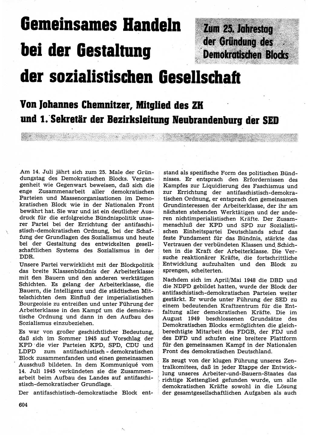 Neuer Weg (NW), Organ des Zentralkomitees (ZK) der SED (Sozialistische Einheitspartei Deutschlands) für Fragen des Parteilebens, 25. Jahrgang [Deutsche Demokratische Republik (DDR)] 1970, Seite 604 (NW ZK SED DDR 1970, S. 604)