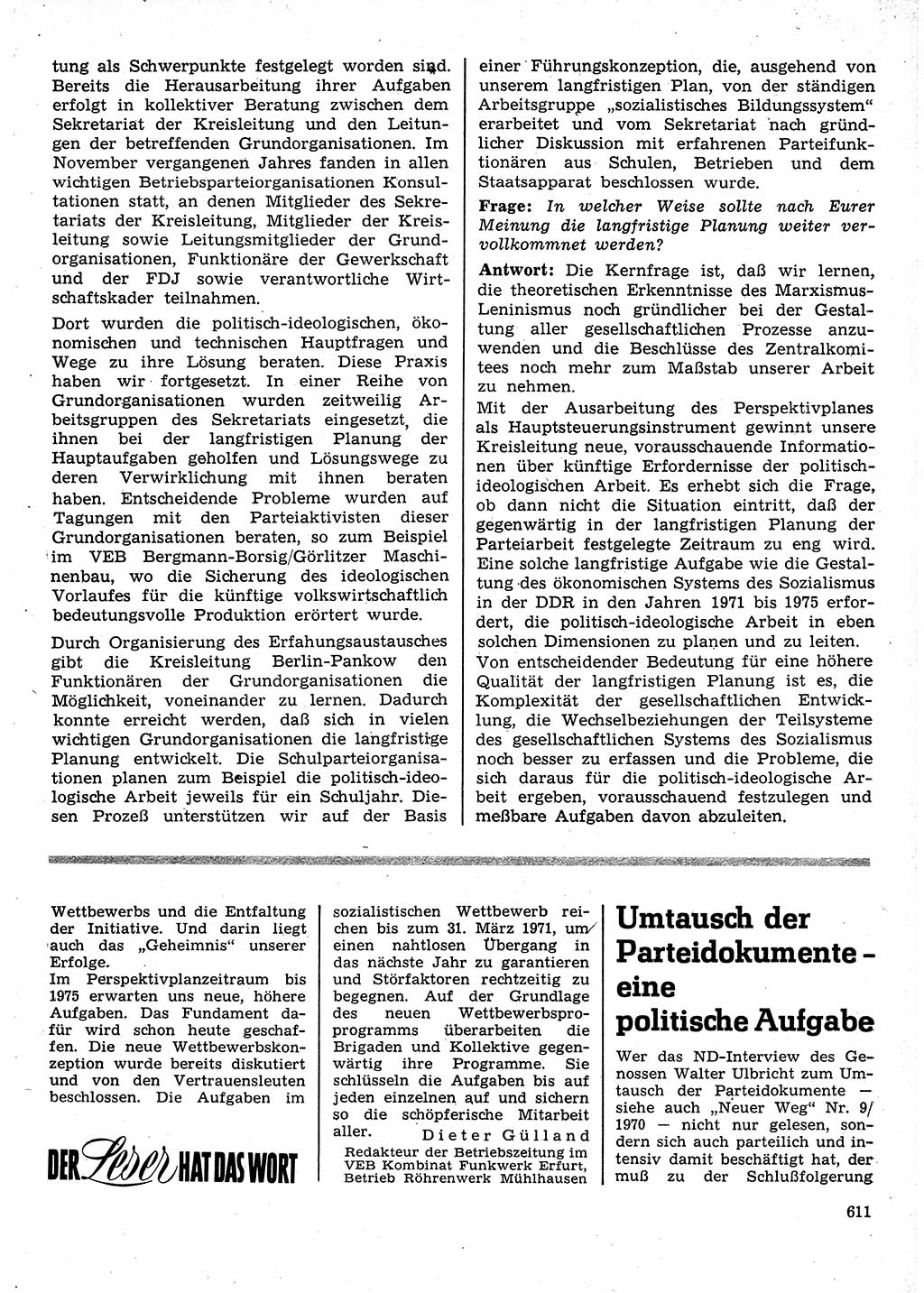 Neuer Weg (NW), Organ des Zentralkomitees (ZK) der SED (Sozialistische Einheitspartei Deutschlands) für Fragen des Parteilebens, 25. Jahrgang [Deutsche Demokratische Republik (DDR)] 1970, Seite 611 (NW ZK SED DDR 1970, S. 611)