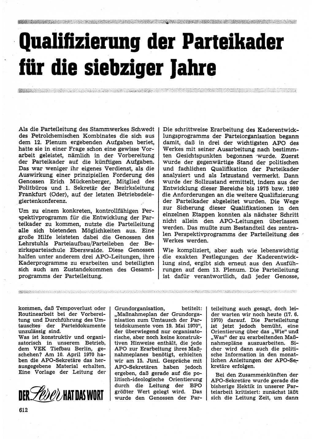 Neuer Weg (NW), Organ des Zentralkomitees (ZK) der SED (Sozialistische Einheitspartei Deutschlands) für Fragen des Parteilebens, 25. Jahrgang [Deutsche Demokratische Republik (DDR)] 1970, Seite 612 (NW ZK SED DDR 1970, S. 612)
