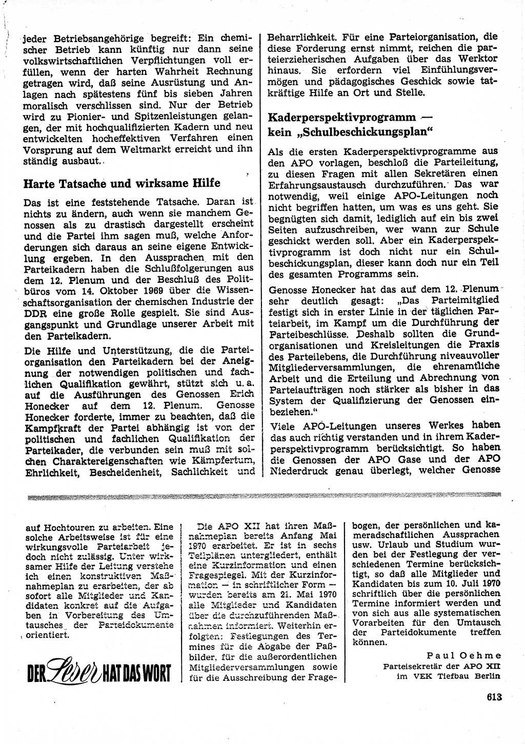 Neuer Weg (NW), Organ des Zentralkomitees (ZK) der SED (Sozialistische Einheitspartei Deutschlands) für Fragen des Parteilebens, 25. Jahrgang [Deutsche Demokratische Republik (DDR)] 1970, Seite 613 (NW ZK SED DDR 1970, S. 613)