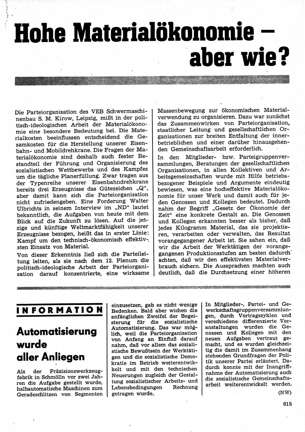 Neuer Weg (NW), Organ des Zentralkomitees (ZK) der SED (Sozialistische Einheitspartei Deutschlands) für Fragen des Parteilebens, 25. Jahrgang [Deutsche Demokratische Republik (DDR)] 1970, Seite 615 (NW ZK SED DDR 1970, S. 615)