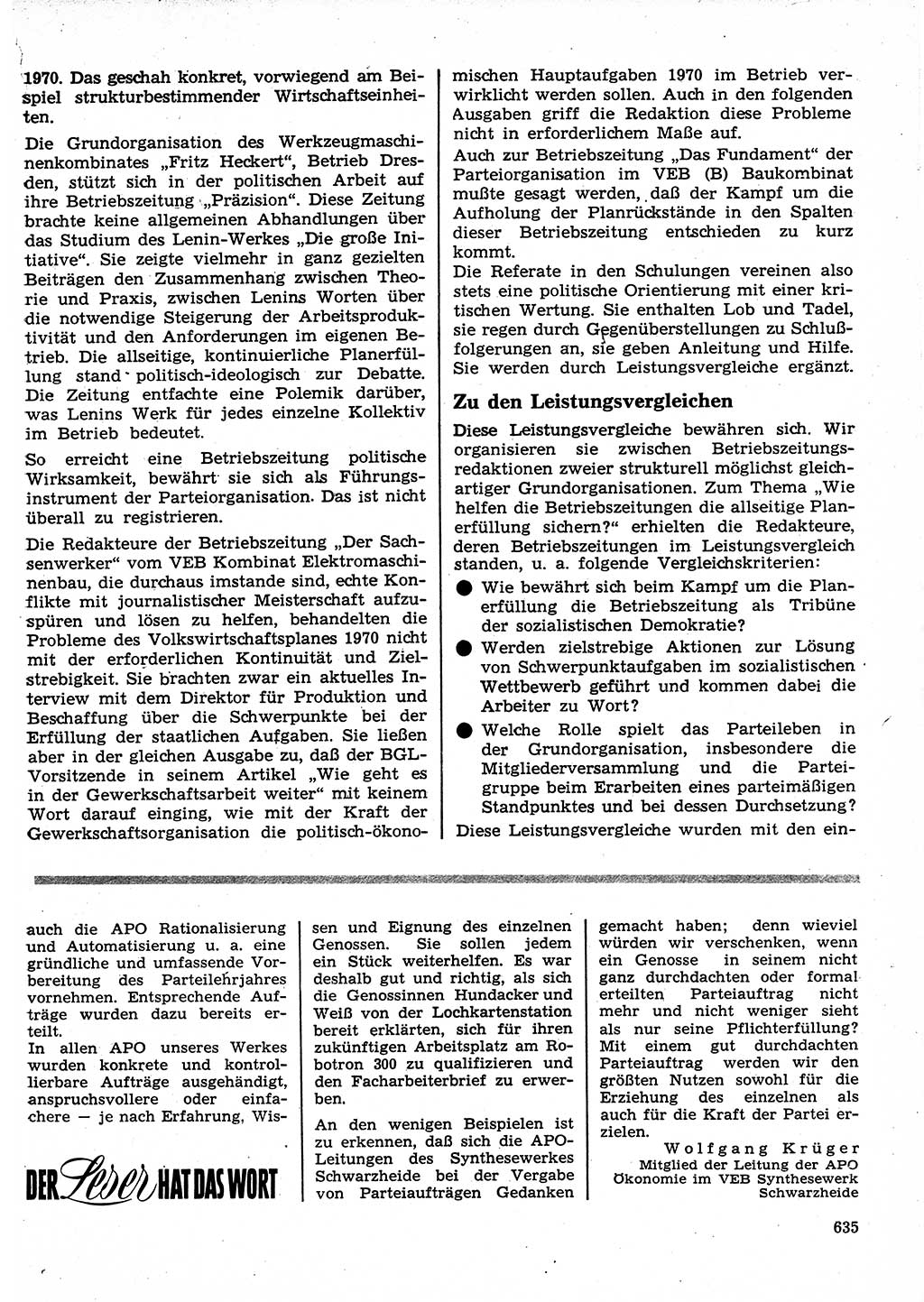 Neuer Weg (NW), Organ des Zentralkomitees (ZK) der SED (Sozialistische Einheitspartei Deutschlands) für Fragen des Parteilebens, 25. Jahrgang [Deutsche Demokratische Republik (DDR)] 1970, Seite 635 (NW ZK SED DDR 1970, S. 635)