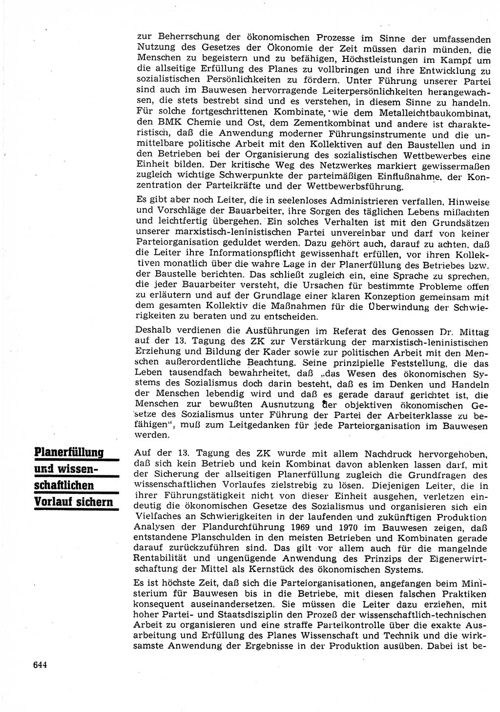 Neuer Weg (NW), Organ des Zentralkomitees (ZK) der SED (Sozialistische Einheitspartei Deutschlands) für Fragen des Parteilebens, 25. Jahrgang [Deutsche Demokratische Republik (DDR)] 1970, Seite 644 (NW ZK SED DDR 1970, S. 644)