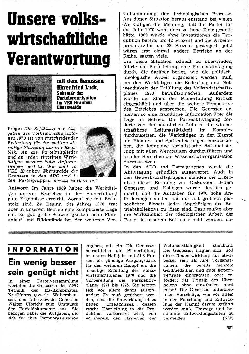 Neuer Weg (NW), Organ des Zentralkomitees (ZK) der SED (Sozialistische Einheitspartei Deutschlands) für Fragen des Parteilebens, 25. Jahrgang [Deutsche Demokratische Republik (DDR)] 1970, Seite 651 (NW ZK SED DDR 1970, S. 651)