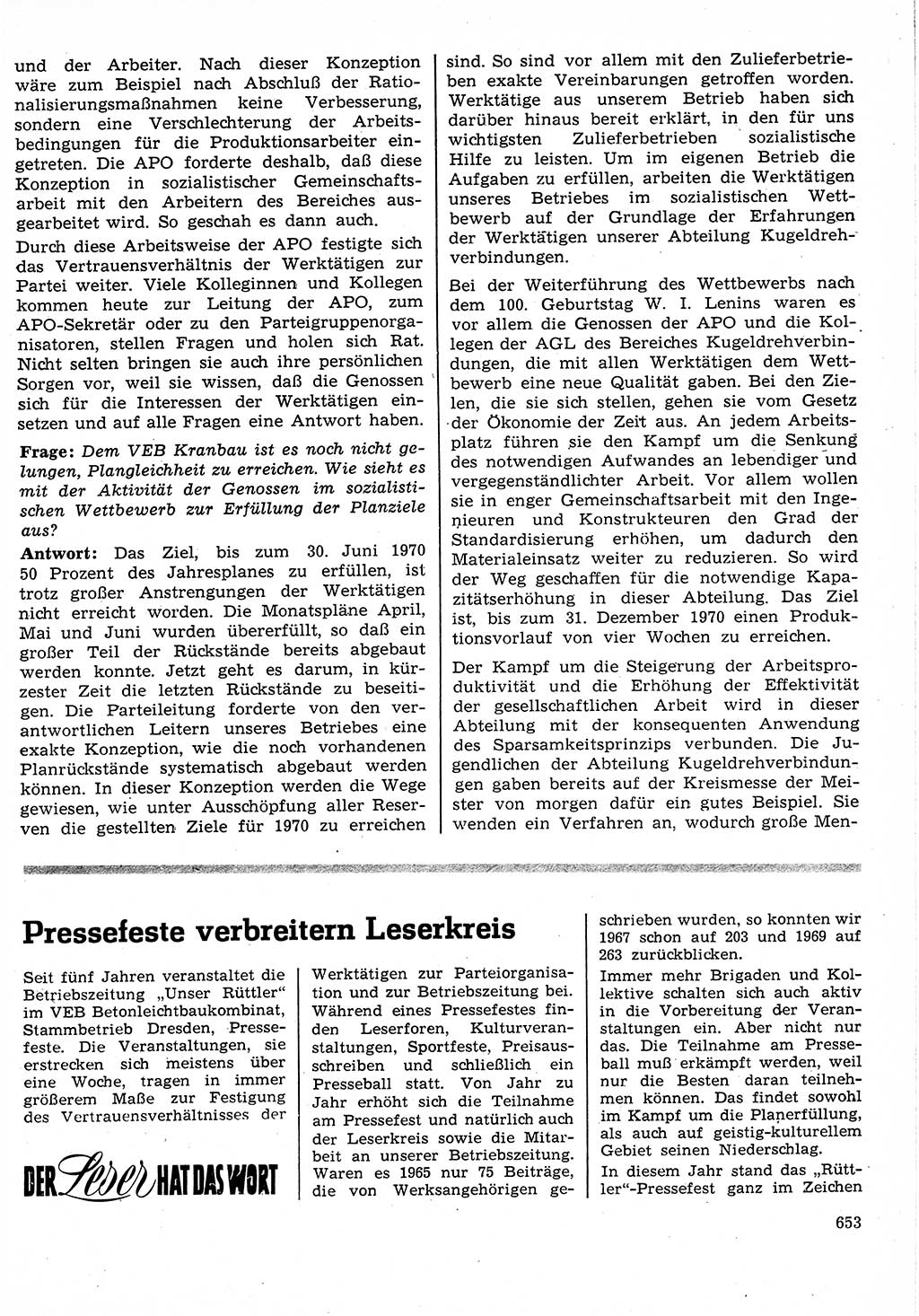 Neuer Weg (NW), Organ des Zentralkomitees (ZK) der SED (Sozialistische Einheitspartei Deutschlands) für Fragen des Parteilebens, 25. Jahrgang [Deutsche Demokratische Republik (DDR)] 1970, Seite 653 (NW ZK SED DDR 1970, S. 653)