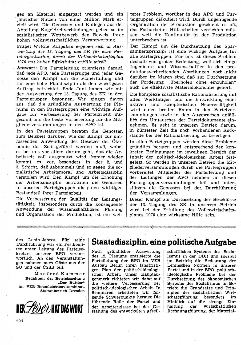 Neuer Weg (NW), Organ des Zentralkomitees (ZK) der SED (Sozialistische Einheitspartei Deutschlands) für Fragen des Parteilebens, 25. Jahrgang [Deutsche Demokratische Republik (DDR)] 1970, Seite 654 (NW ZK SED DDR 1970, S. 654)