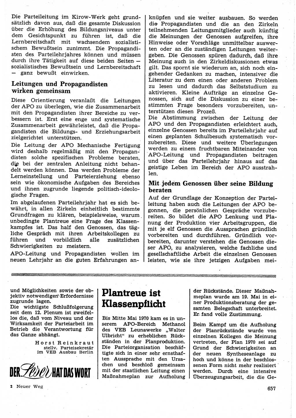Neuer Weg (NW), Organ des Zentralkomitees (ZK) der SED (Sozialistische Einheitspartei Deutschlands) für Fragen des Parteilebens, 25. Jahrgang [Deutsche Demokratische Republik (DDR)] 1970, Seite 657 (NW ZK SED DDR 1970, S. 657)