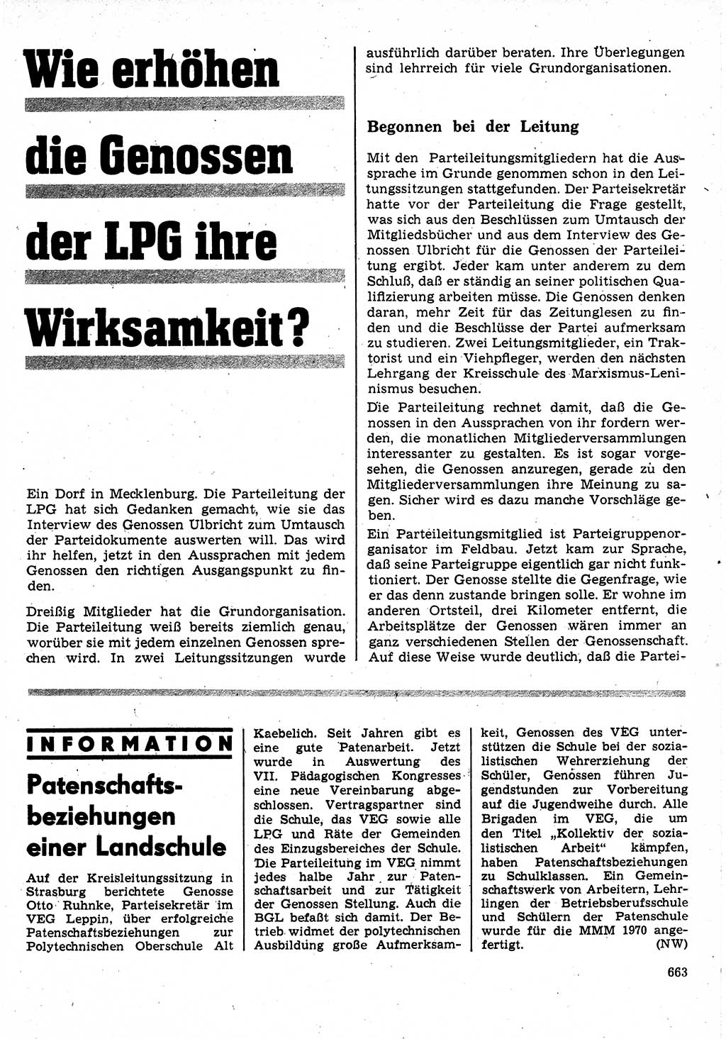 Neuer Weg (NW), Organ des Zentralkomitees (ZK) der SED (Sozialistische Einheitspartei Deutschlands) für Fragen des Parteilebens, 25. Jahrgang [Deutsche Demokratische Republik (DDR)] 1970, Seite 663 (NW ZK SED DDR 1970, S. 663)