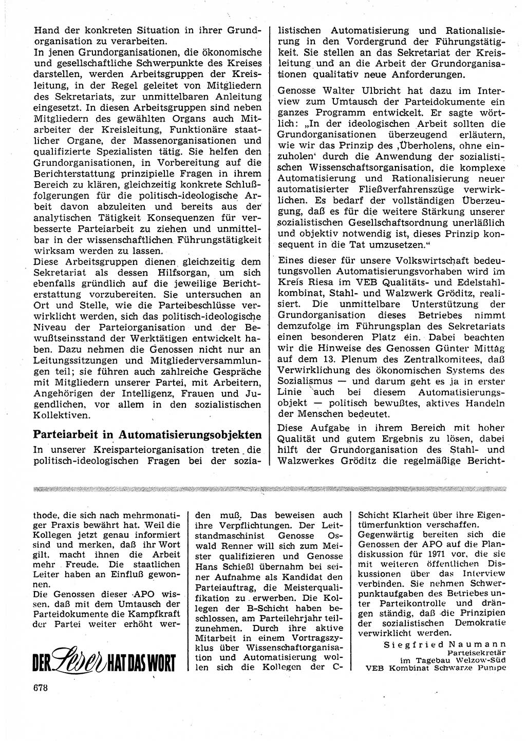 Neuer Weg (NW), Organ des Zentralkomitees (ZK) der SED (Sozialistische Einheitspartei Deutschlands) fÃ¼r Fragen des Parteilebens, 25. Jahrgang [Deutsche Demokratische Republik (DDR)] 1970, Seite 678 (NW ZK SED DDR 1970, S. 678)