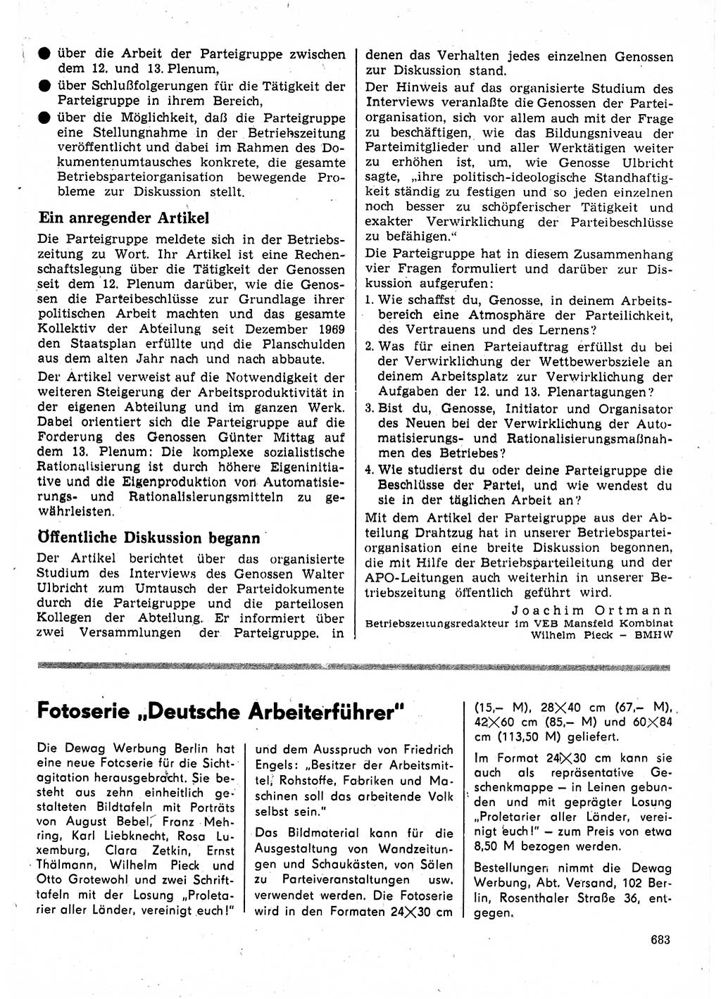 Neuer Weg (NW), Organ des Zentralkomitees (ZK) der SED (Sozialistische Einheitspartei Deutschlands) für Fragen des Parteilebens, 25. Jahrgang [Deutsche Demokratische Republik (DDR)] 1970, Seite 683 (NW ZK SED DDR 1970, S. 683)