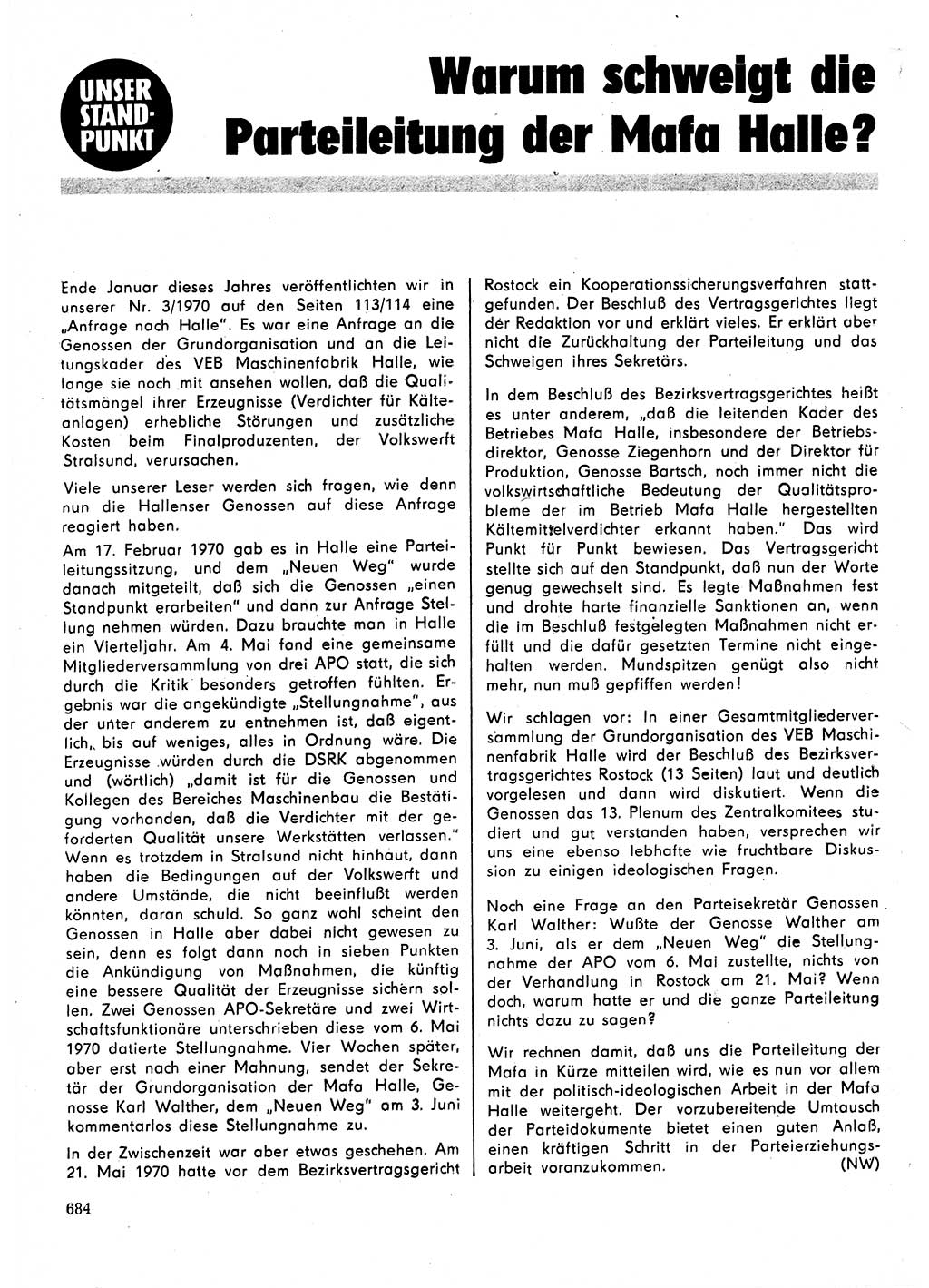 Neuer Weg (NW), Organ des Zentralkomitees (ZK) der SED (Sozialistische Einheitspartei Deutschlands) für Fragen des Parteilebens, 25. Jahrgang [Deutsche Demokratische Republik (DDR)] 1970, Seite 684 (NW ZK SED DDR 1970, S. 684)