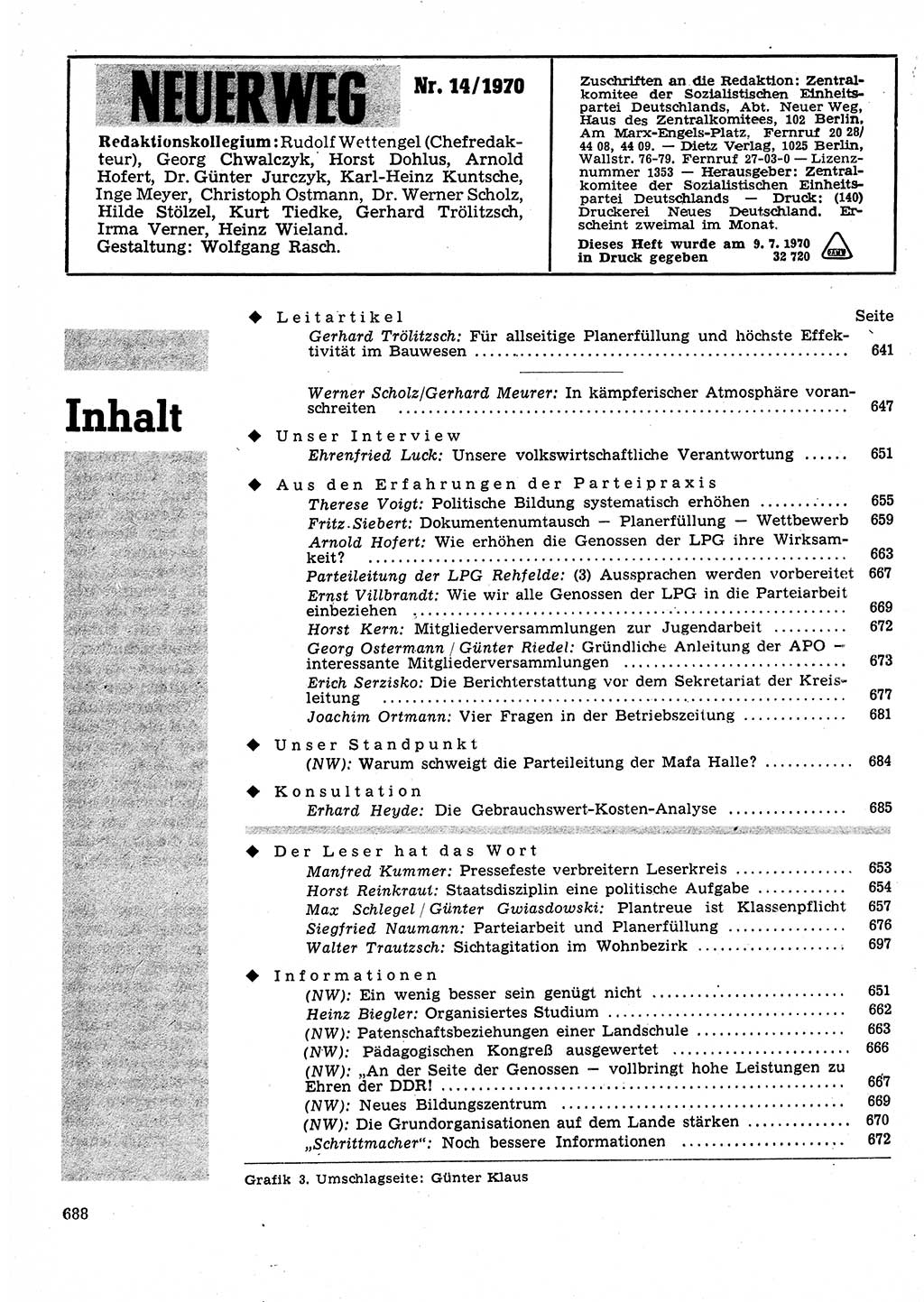 Neuer Weg (NW), Organ des Zentralkomitees (ZK) der SED (Sozialistische Einheitspartei Deutschlands) für Fragen des Parteilebens, 25. Jahrgang [Deutsche Demokratische Republik (DDR)] 1970, Seite 688 (NW ZK SED DDR 1970, S. 688)