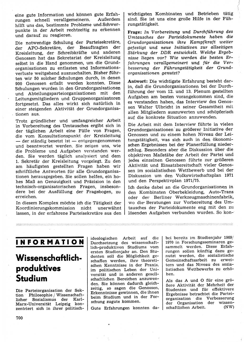 Neuer Weg (NW), Organ des Zentralkomitees (ZK) der SED (Sozialistische Einheitspartei Deutschlands) für Fragen des Parteilebens, 25. Jahrgang [Deutsche Demokratische Republik (DDR)] 1970, Seite 700 (NW ZK SED DDR 1970, S. 700)