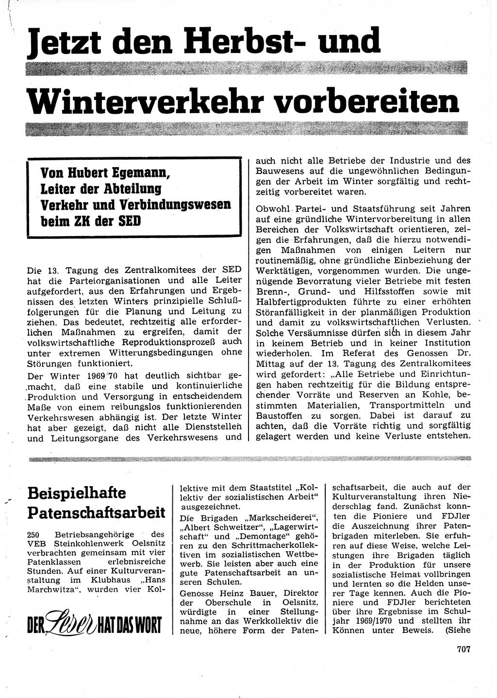 Neuer Weg (NW), Organ des Zentralkomitees (ZK) der SED (Sozialistische Einheitspartei Deutschlands) für Fragen des Parteilebens, 25. Jahrgang [Deutsche Demokratische Republik (DDR)] 1970, Seite 707 (NW ZK SED DDR 1970, S. 707)