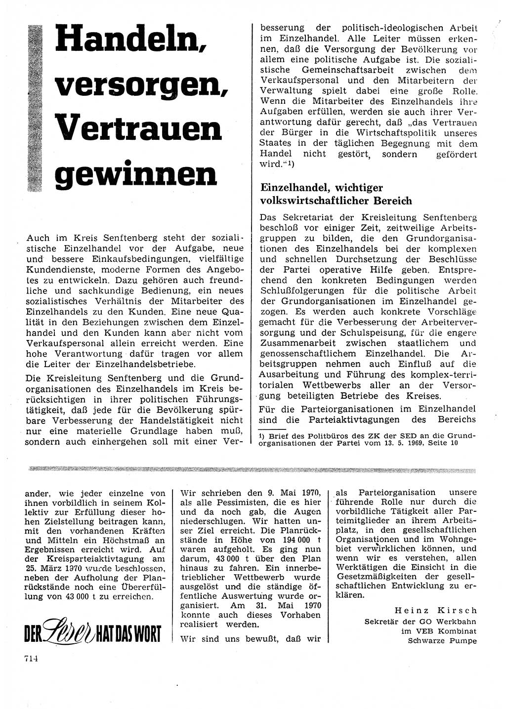Neuer Weg (NW), Organ des Zentralkomitees (ZK) der SED (Sozialistische Einheitspartei Deutschlands) für Fragen des Parteilebens, 25. Jahrgang [Deutsche Demokratische Republik (DDR)] 1970, Seite 714 (NW ZK SED DDR 1970, S. 714)