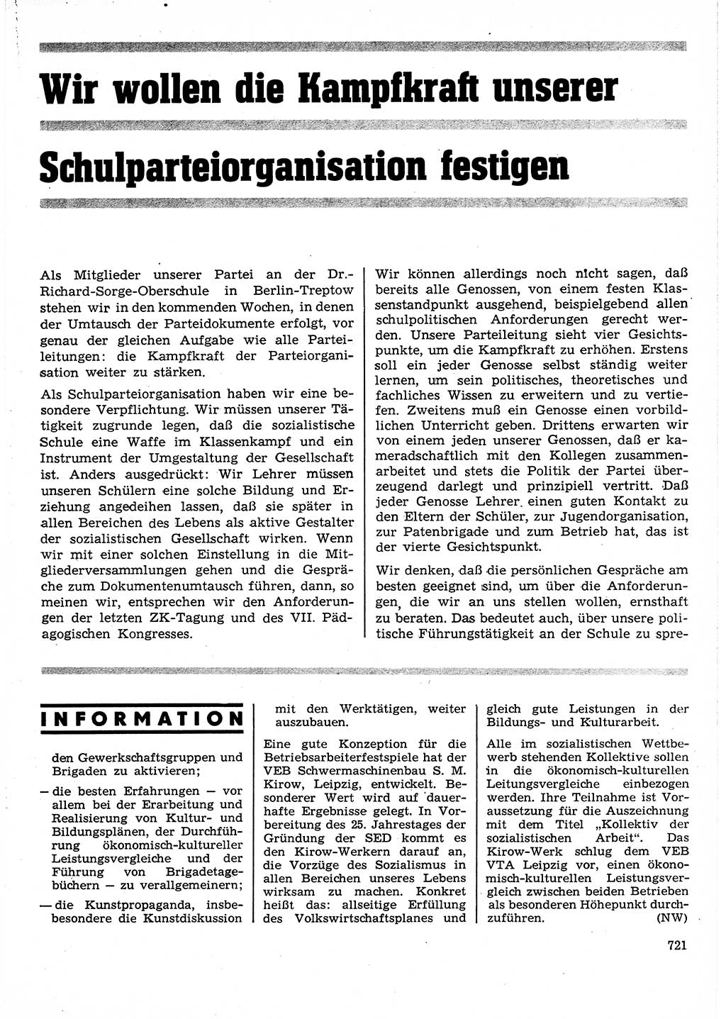 Neuer Weg (NW), Organ des Zentralkomitees (ZK) der SED (Sozialistische Einheitspartei Deutschlands) für Fragen des Parteilebens, 25. Jahrgang [Deutsche Demokratische Republik (DDR)] 1970, Seite 721 (NW ZK SED DDR 1970, S. 721)