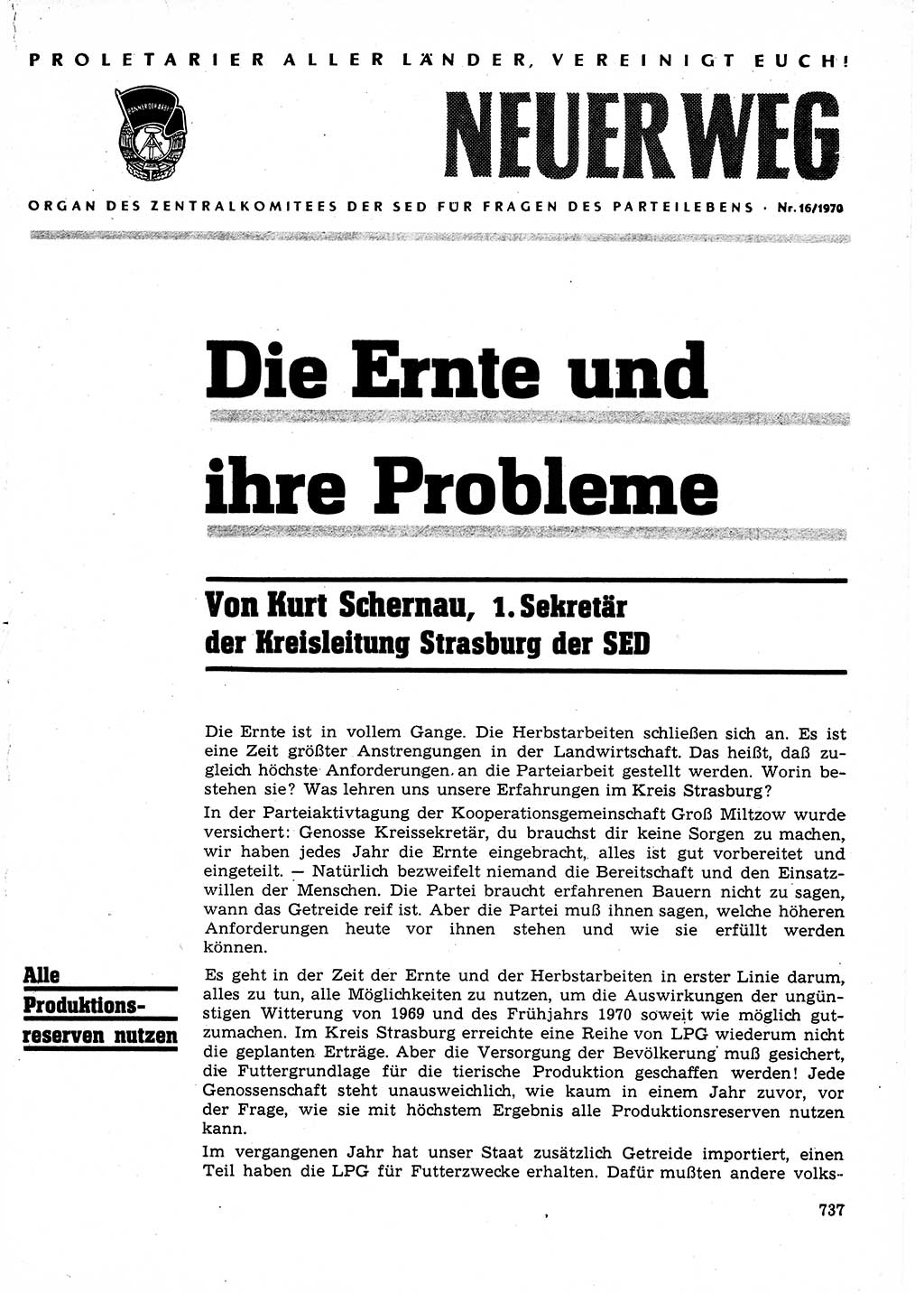 Neuer Weg (NW), Organ des Zentralkomitees (ZK) der SED (Sozialistische Einheitspartei Deutschlands) für Fragen des Parteilebens, 25. Jahrgang [Deutsche Demokratische Republik (DDR)] 1970, Seite 737 (NW ZK SED DDR 1970, S. 737)